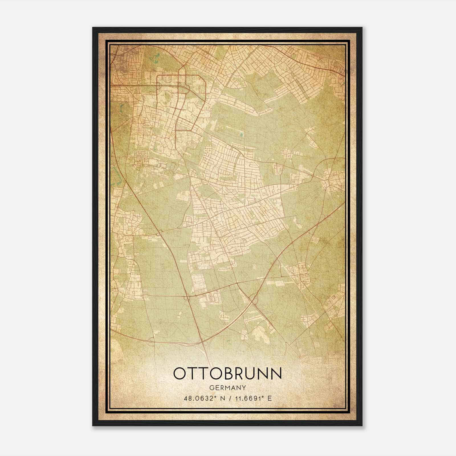 Vintage Ottobrunn Germany Map Poster, Ottobrunn City Road Wall Art Print
