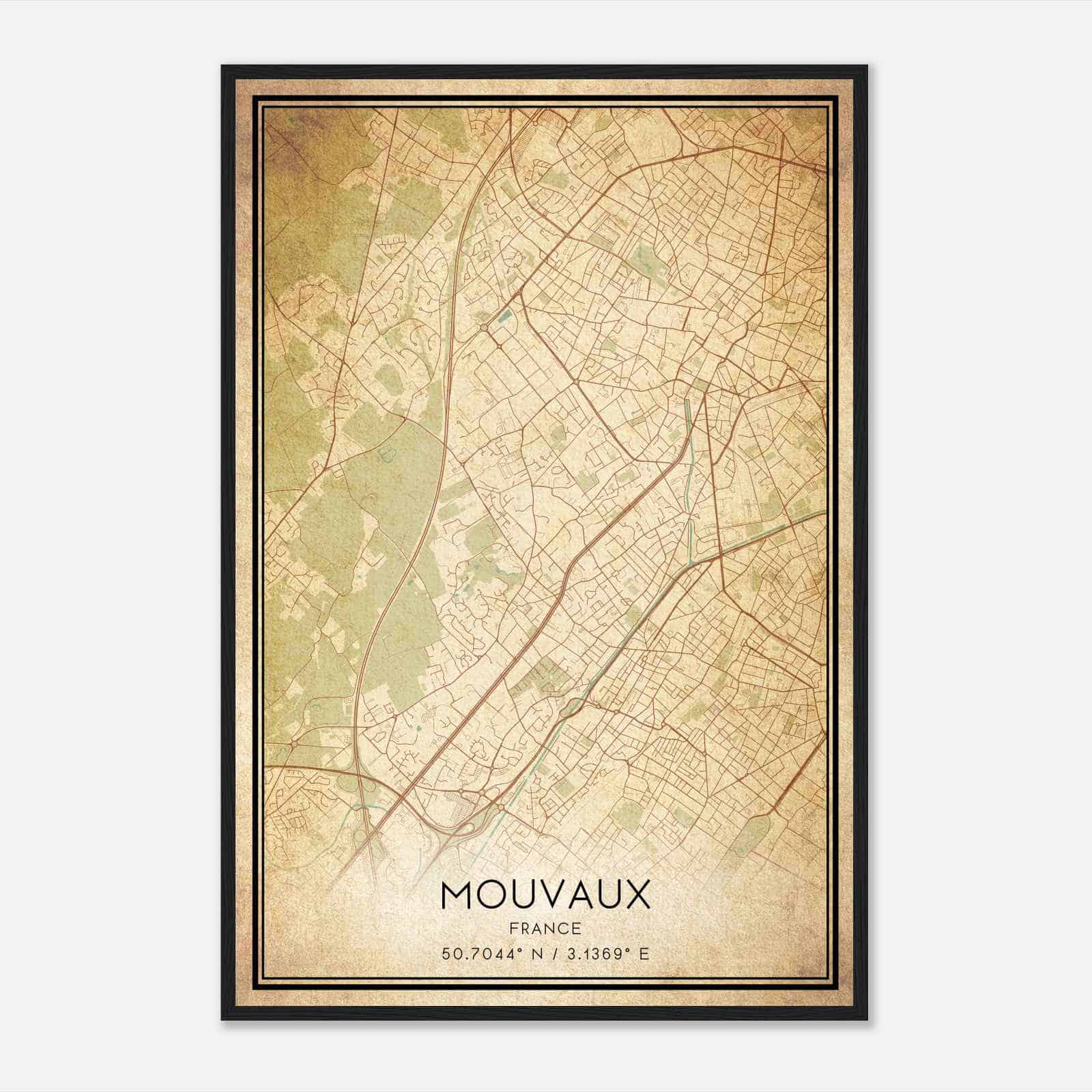 Vintage Mouvaux France Map Poster, Mouvaux City Road Wall Art Print