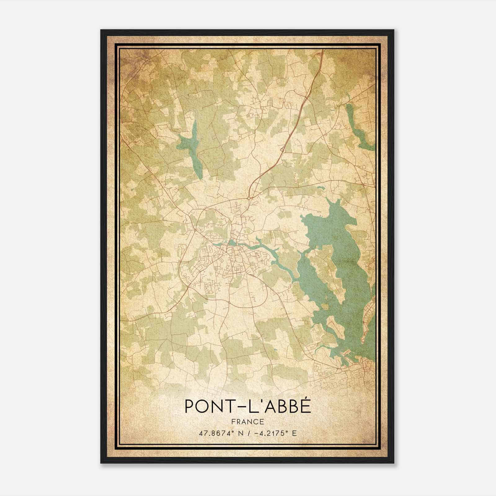 Vintage Pont-l’Abbe France Map Poster, Pont-l’Abbe City Road Wall Art Print
