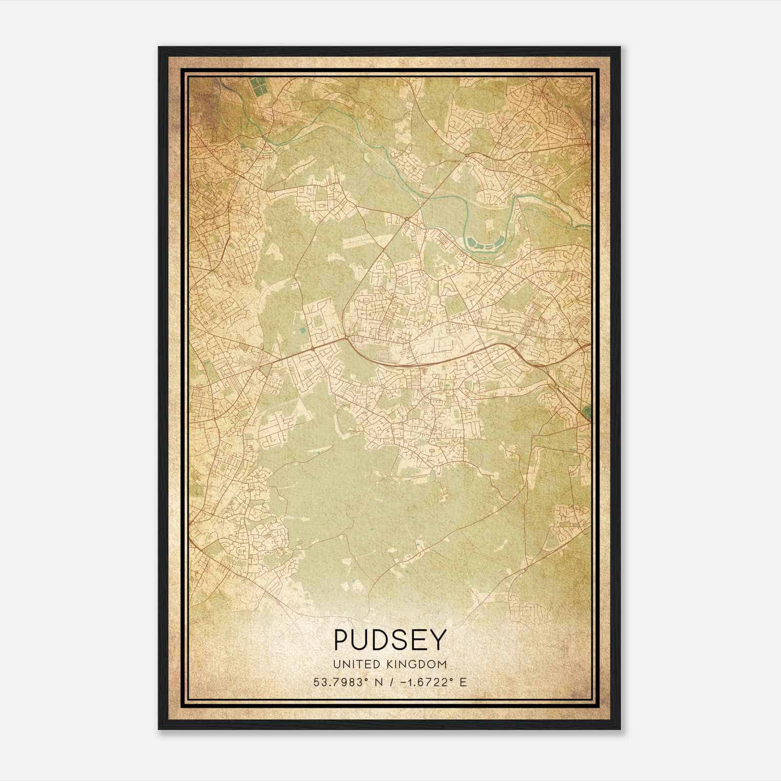 Vintage Pudsey United Kingdom Map Poster, Pudsey City Road Wall Art Print