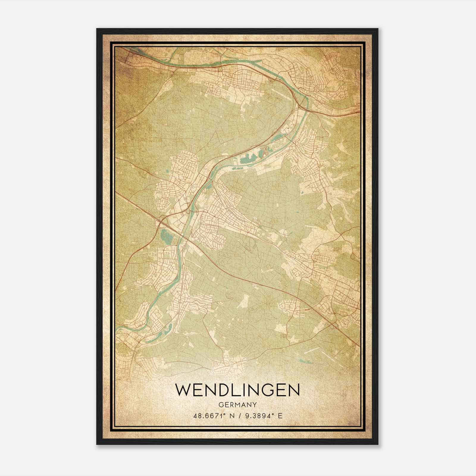 Vintage Wendlingen am Neckar Germany Map Poster, Wendlingen am Neckar City Road Wall Art Print