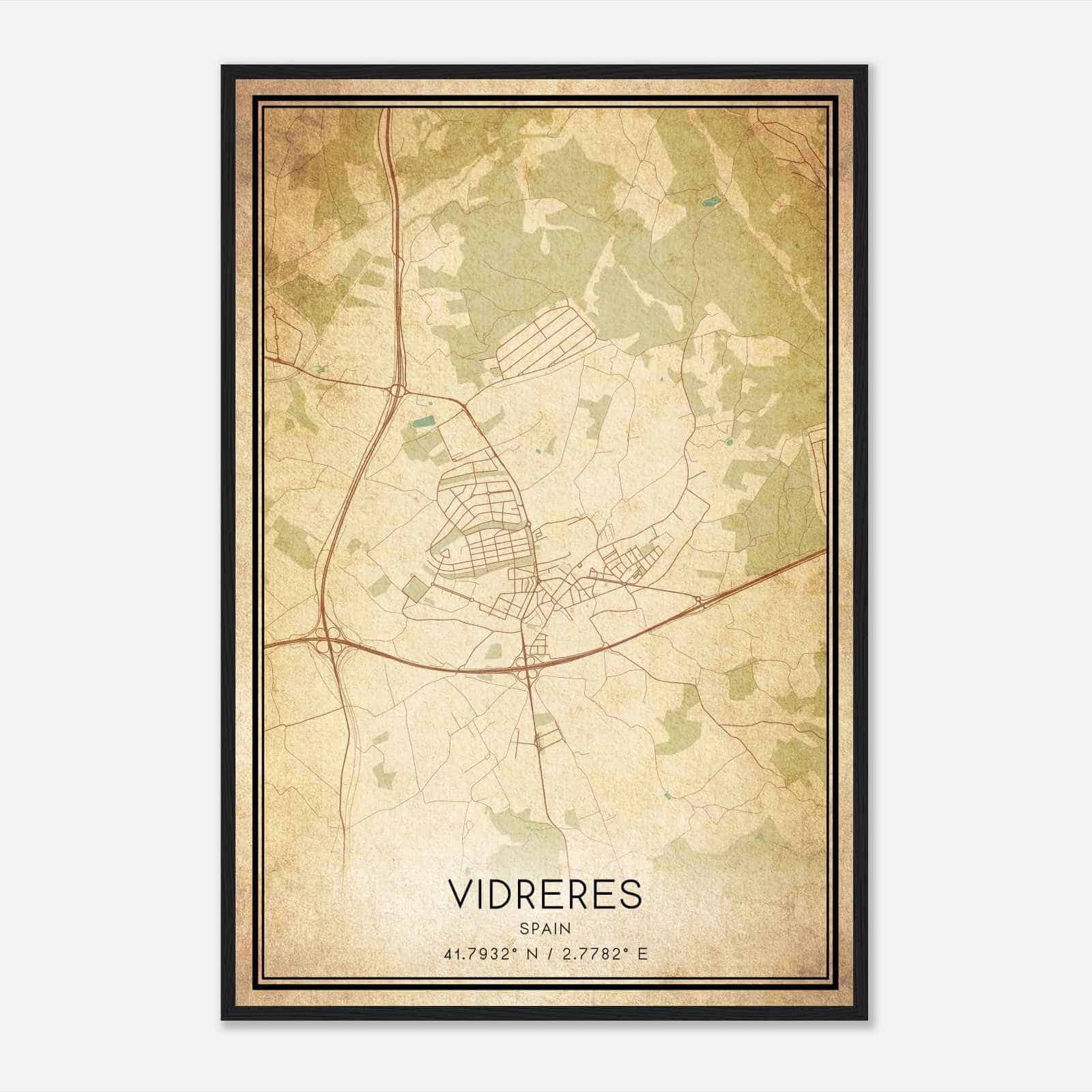 Vintage Vidreras Spain Map Poster, Vidreras City Road Wall Art Print