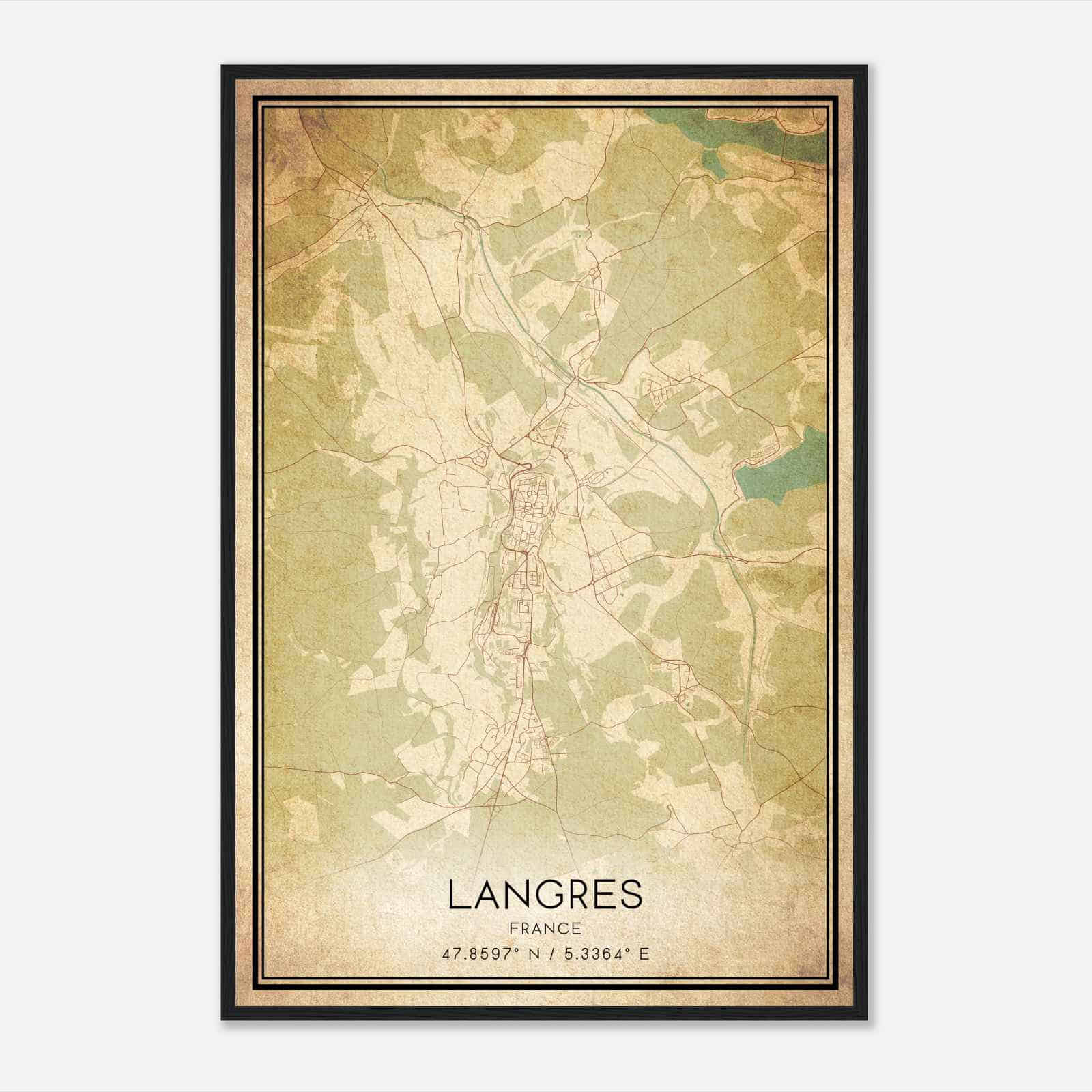 Vintage Langres France Map Poster, Langres City Road Wall Art Print