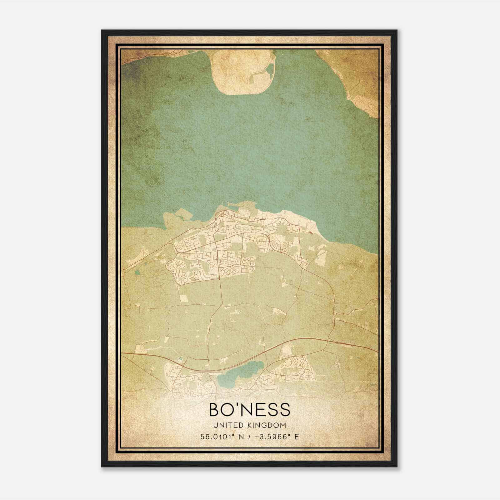 Vintage Bo’ness United Kingdom Map Poster, Bo’ness City Road Wall Art Print
