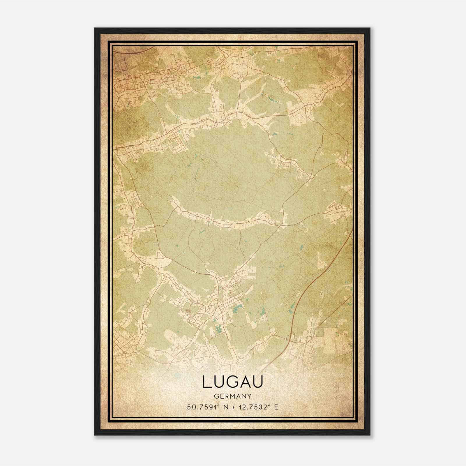 Vintage Lugau Germany Map Poster, Lugau City Road Wall Art Print