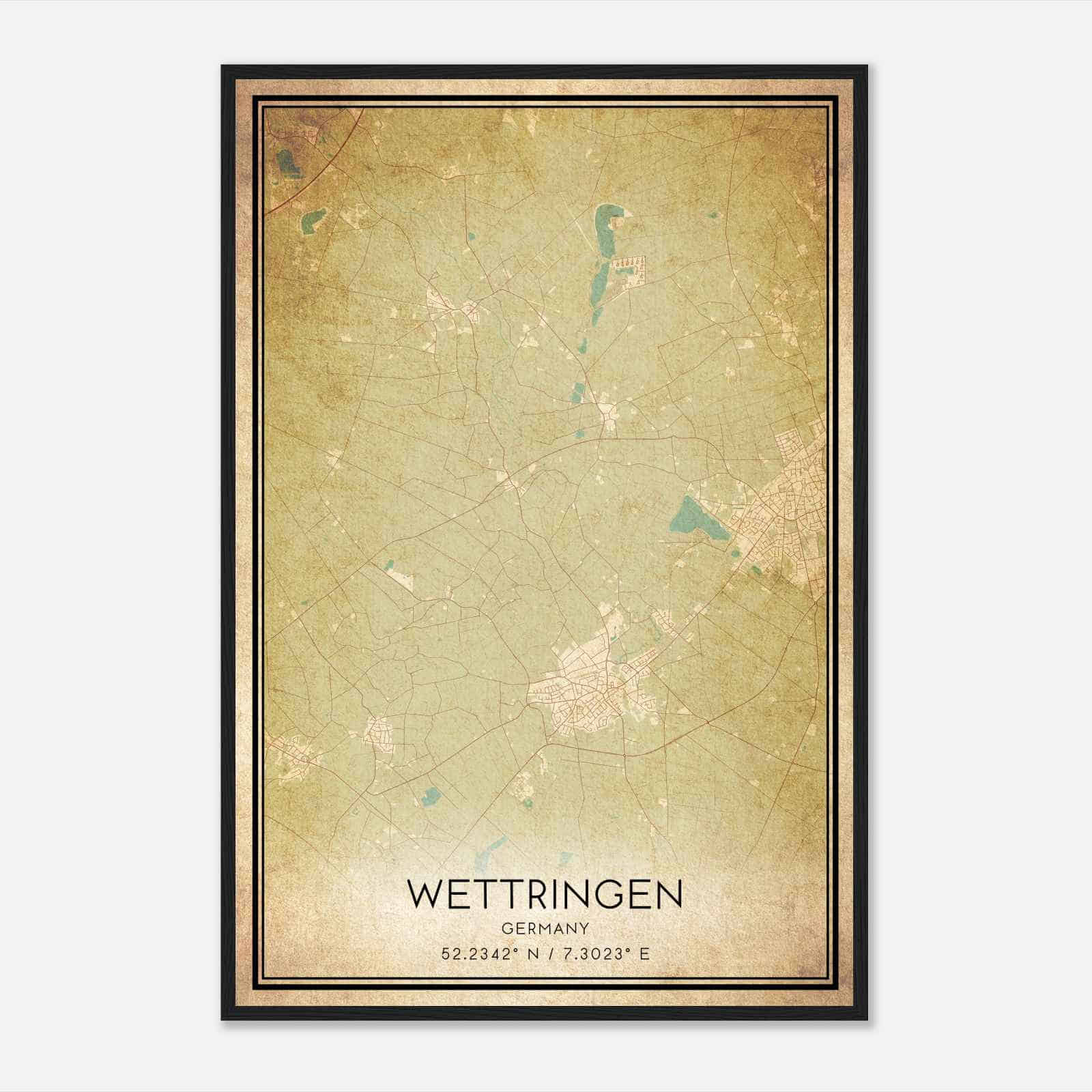 Vintage Wettringen Germany Map Poster, Wettringen City Road Wall Art Print