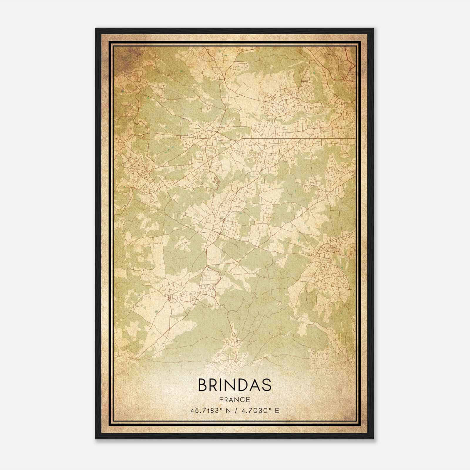 Vintage Brindas France Map Poster, Brindas City Road Wall Art Print