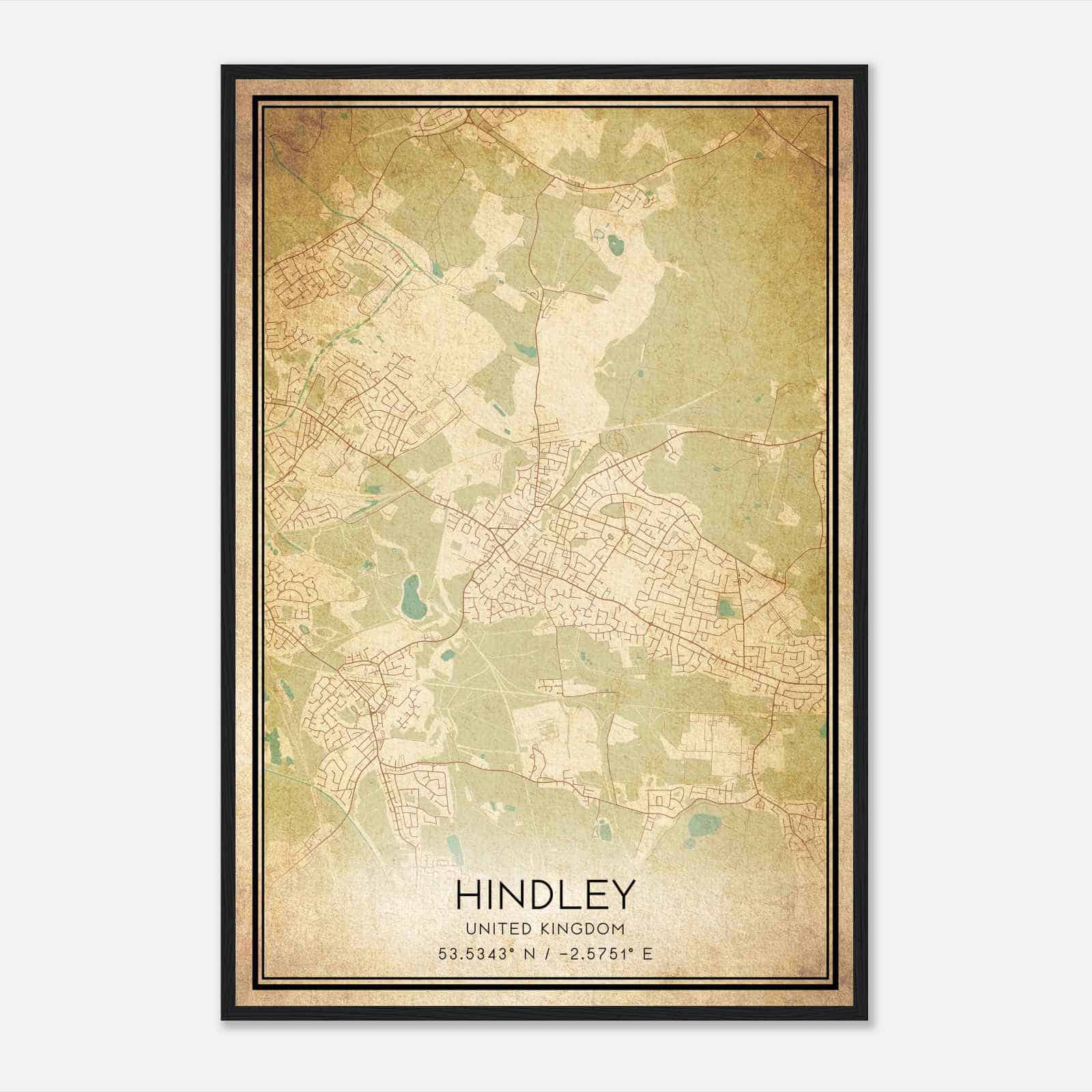 Vintage Hindley United Kingdom Map Poster, Hindley City Road Wall Art Print