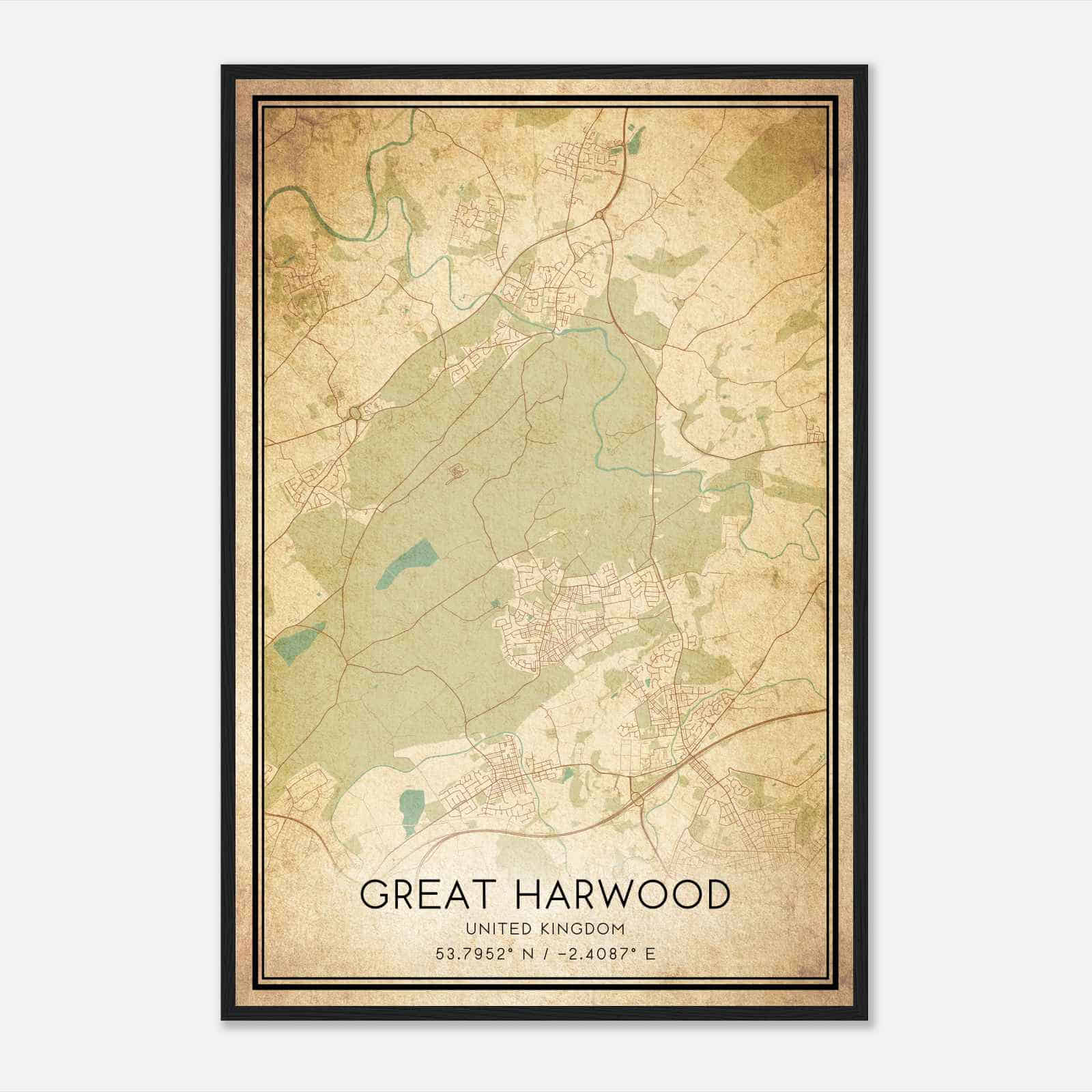 Vintage Great Harwood United Kingdom Map Poster, Great Harwood City Road Wall Art Print