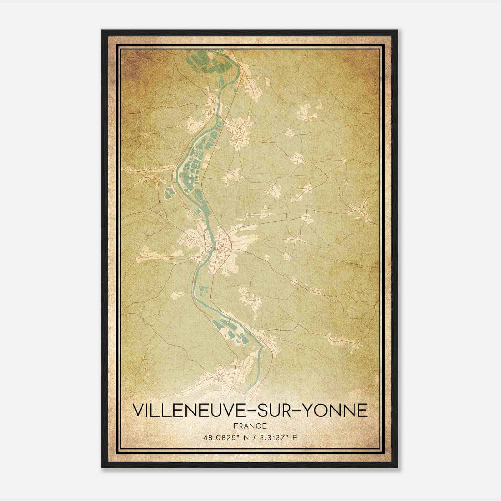 Vintage Villeneuve-sur-Yonne France Map Poster, Villeneuve-sur-Yonne City Road Wall Art Print