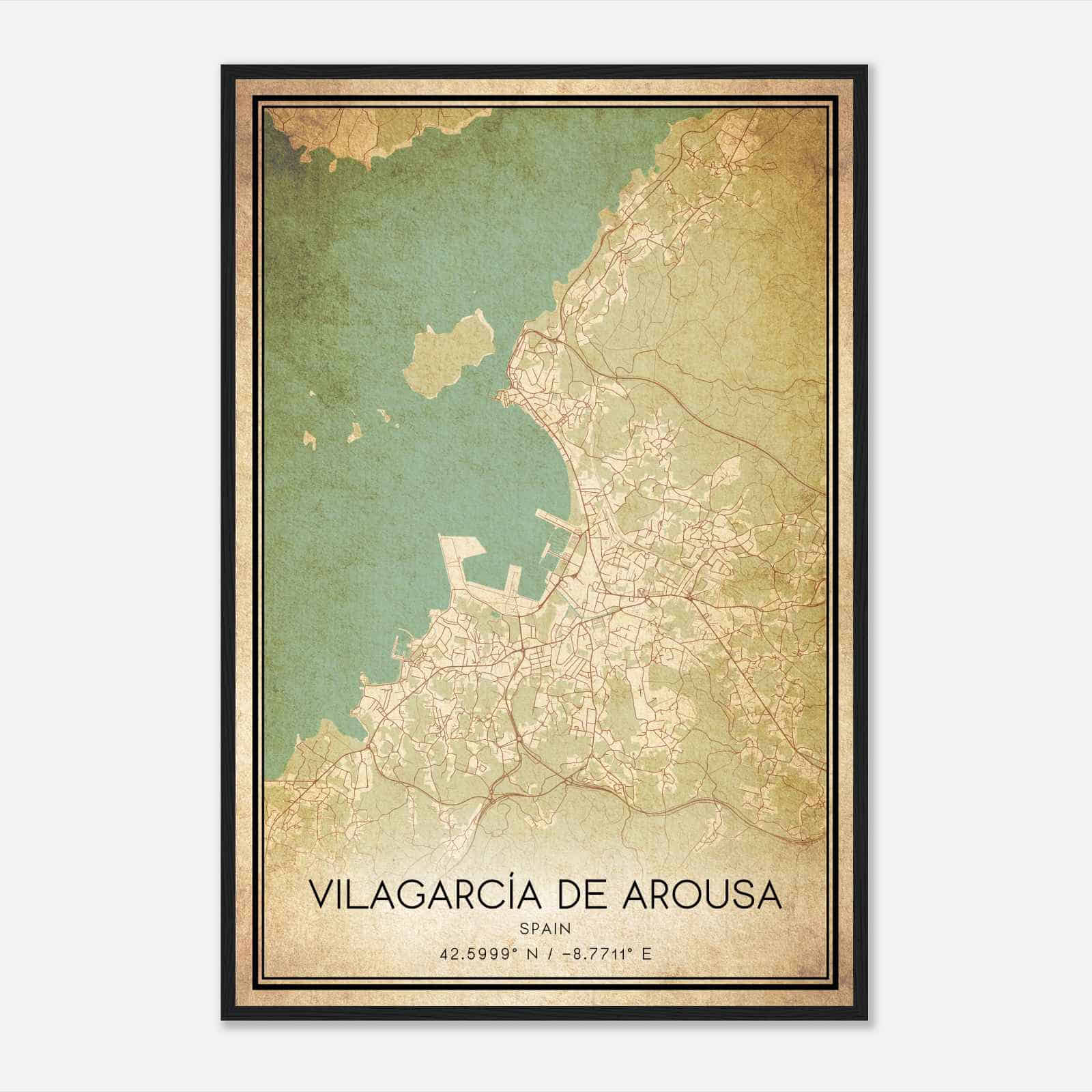 Vintage Villagarcia de Arosa Spain Map Poster, Villagarcia de Arosa City Road Wall Art Print
