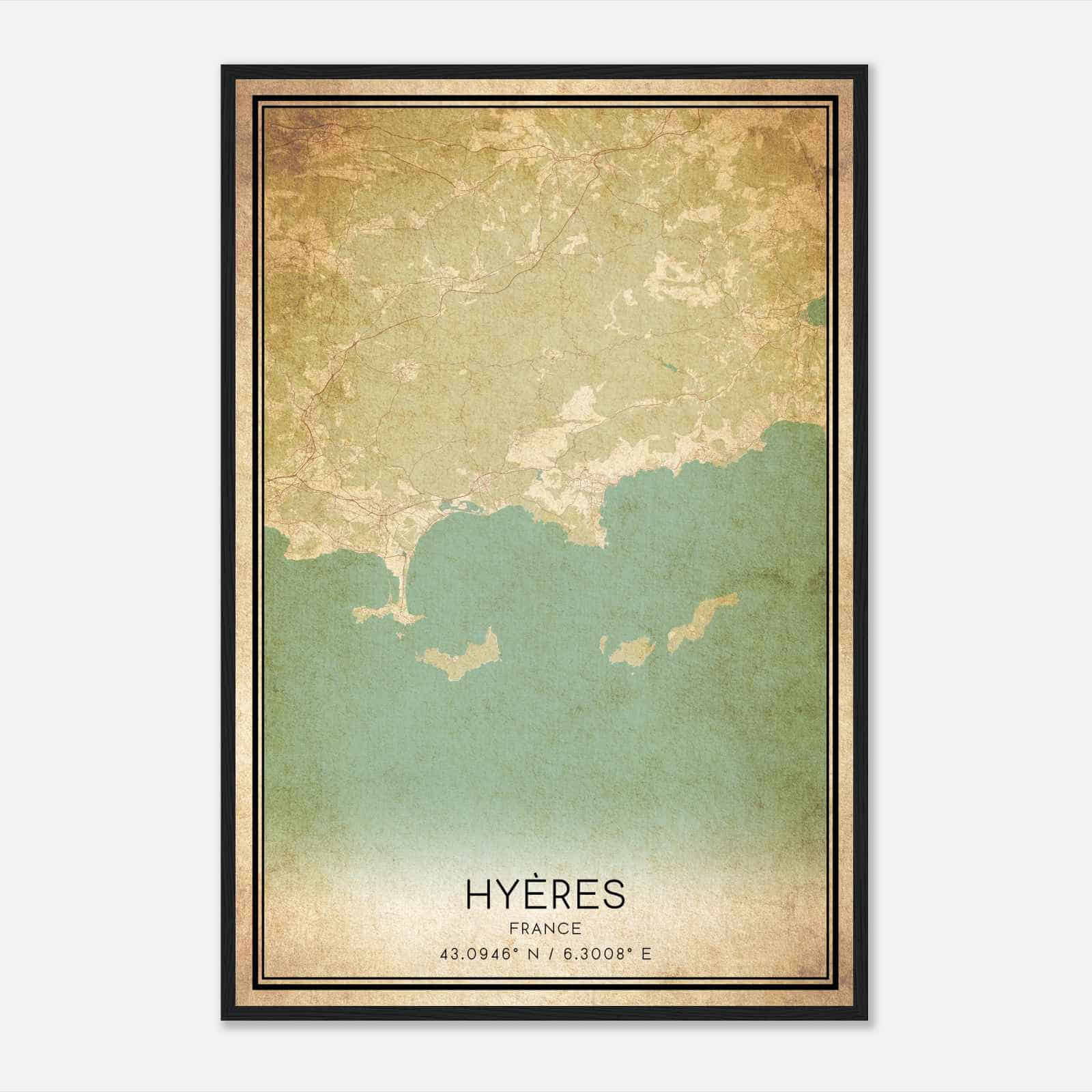 Vintage Hyeres France Map Poster, Hyeres City Road Wall Art Print