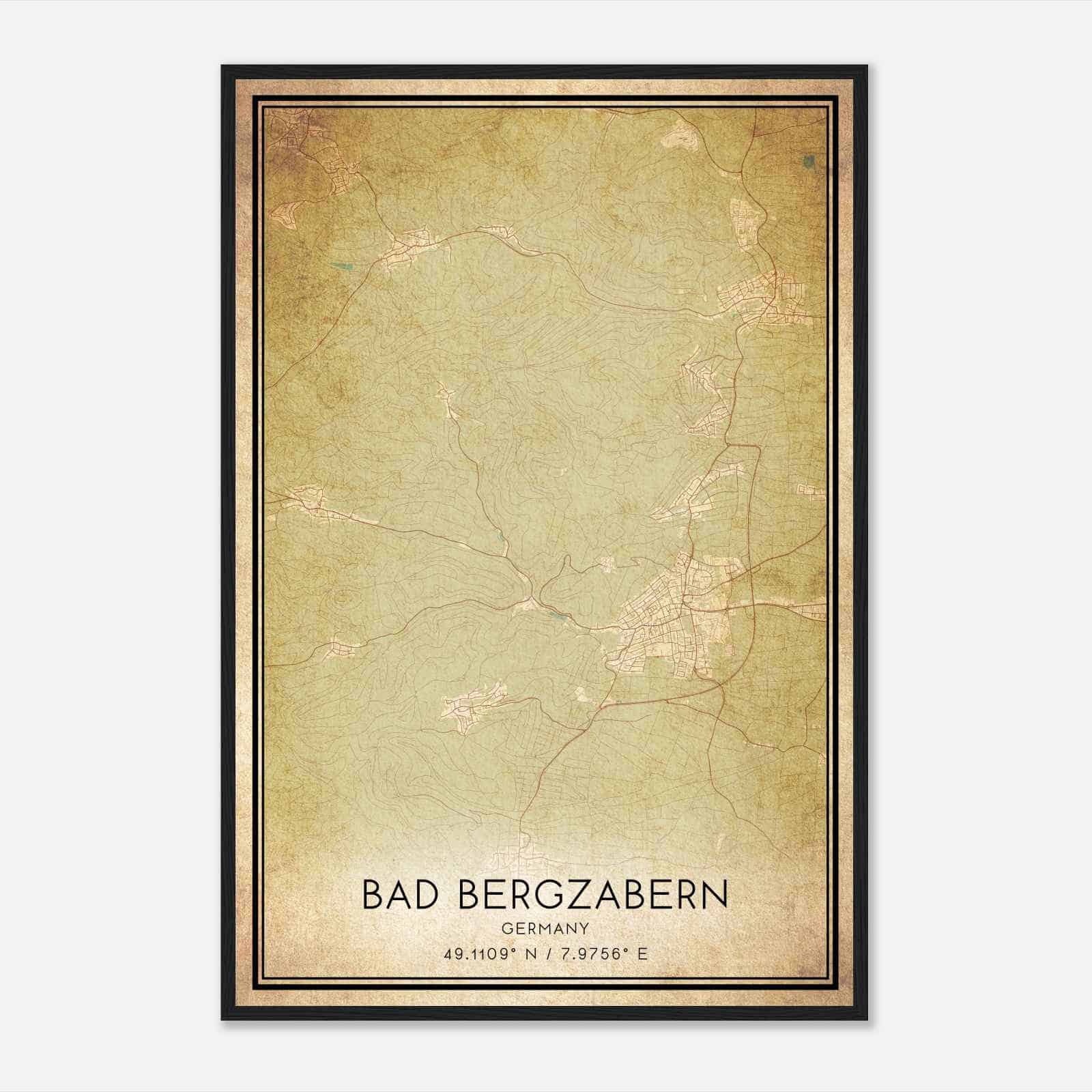 Vintage Bad Bergzabern Germany Map Poster, Bad Bergzabern City Road Wall Art Print