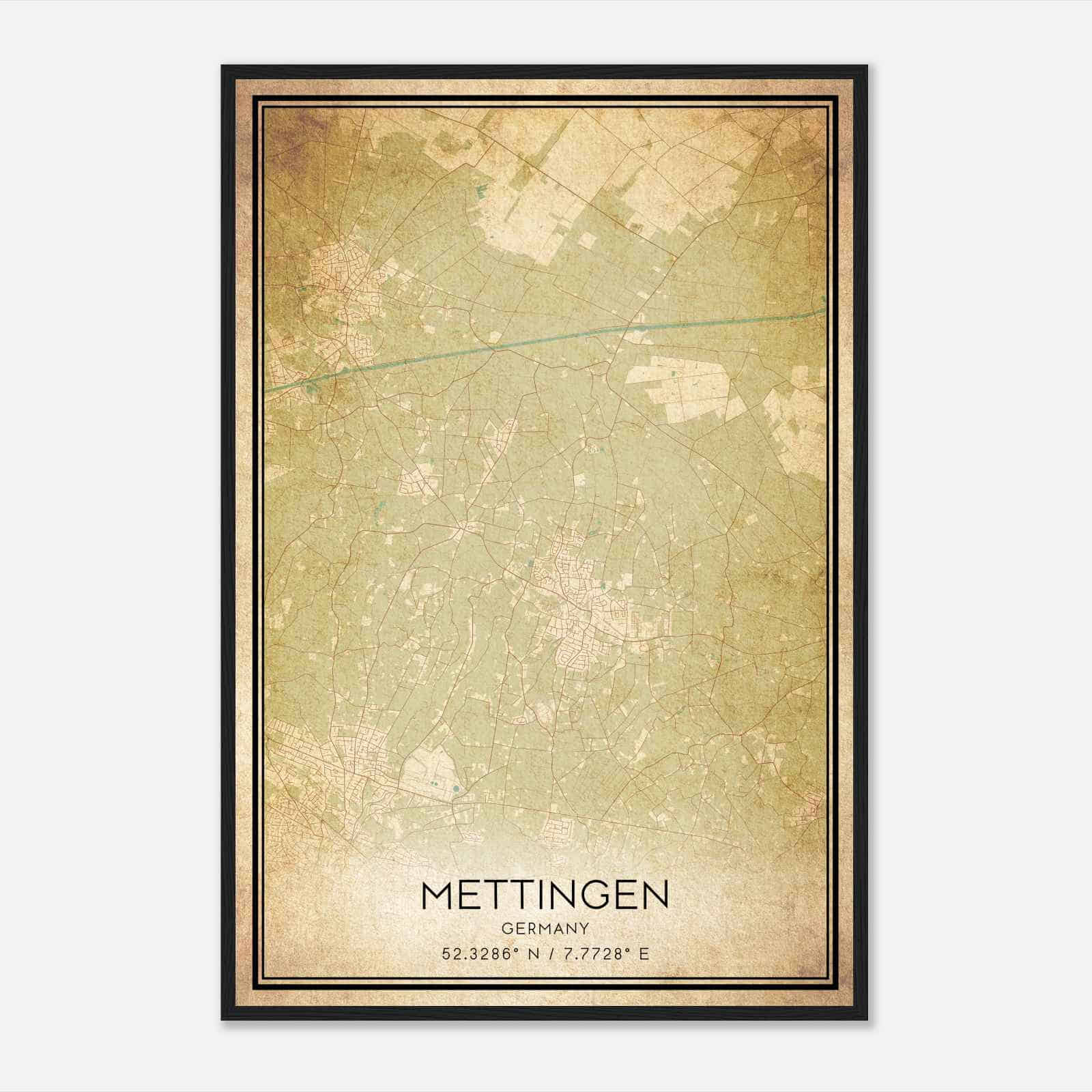 Vintage Mettingen Germany Map Poster, Mettingen City Road Wall Art Print