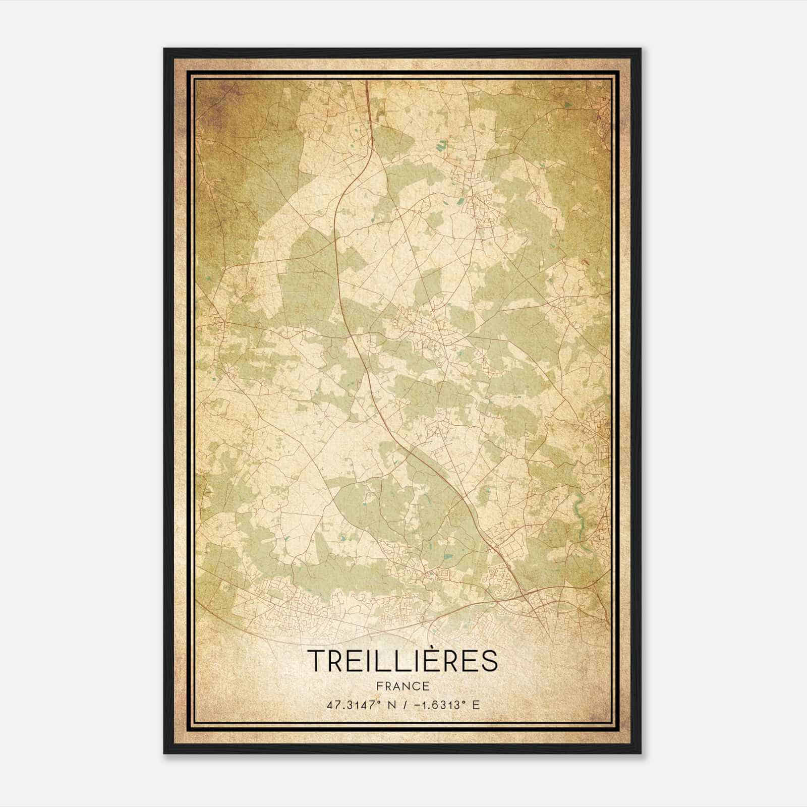 Vintage Treillieres France Map Poster, Treillieres City Road Wall Art Print