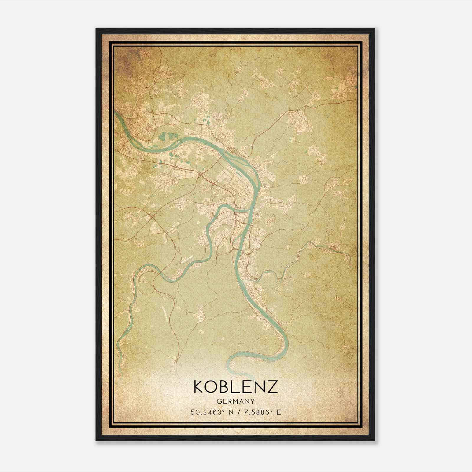 Vintage Koblenz Germany Map Poster, Koblenz City Road Wall Art Print
