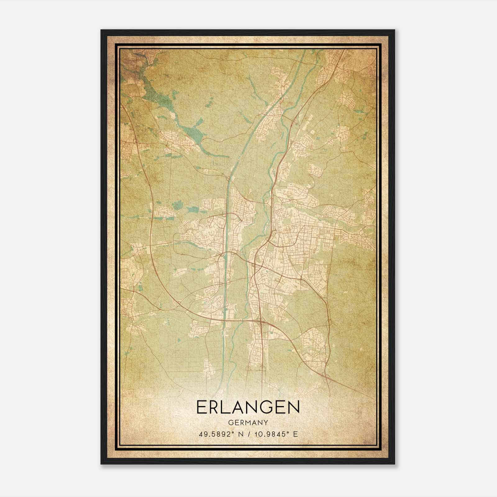 Vintage Erlangen Germany Map Poster, Erlangen City Road Wall Art Print