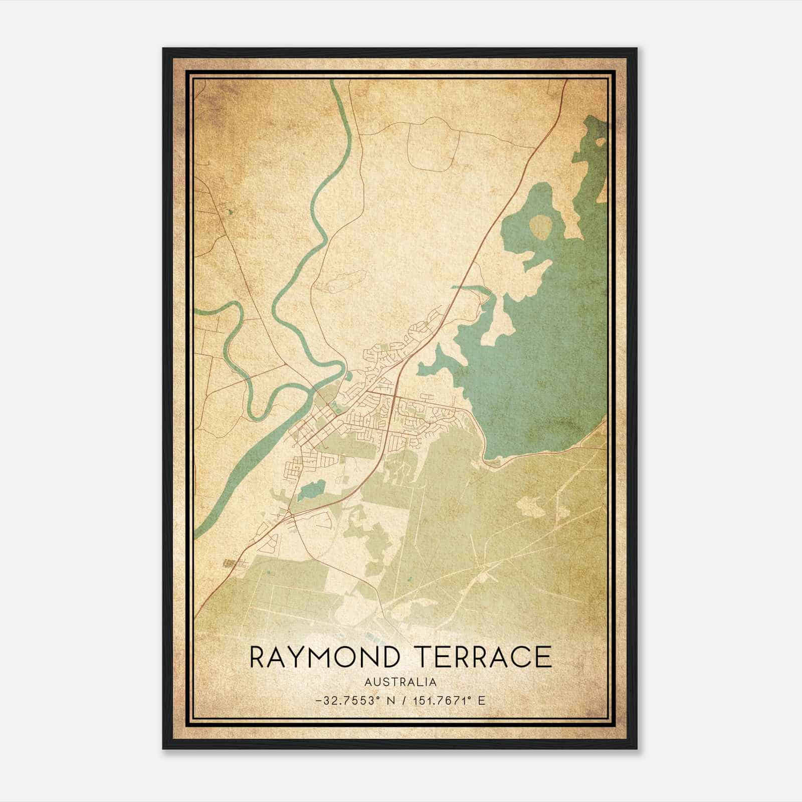 Vintage Raymond Terrace Australia Map Poster, Raymond Terrace City Road Wall Art Print