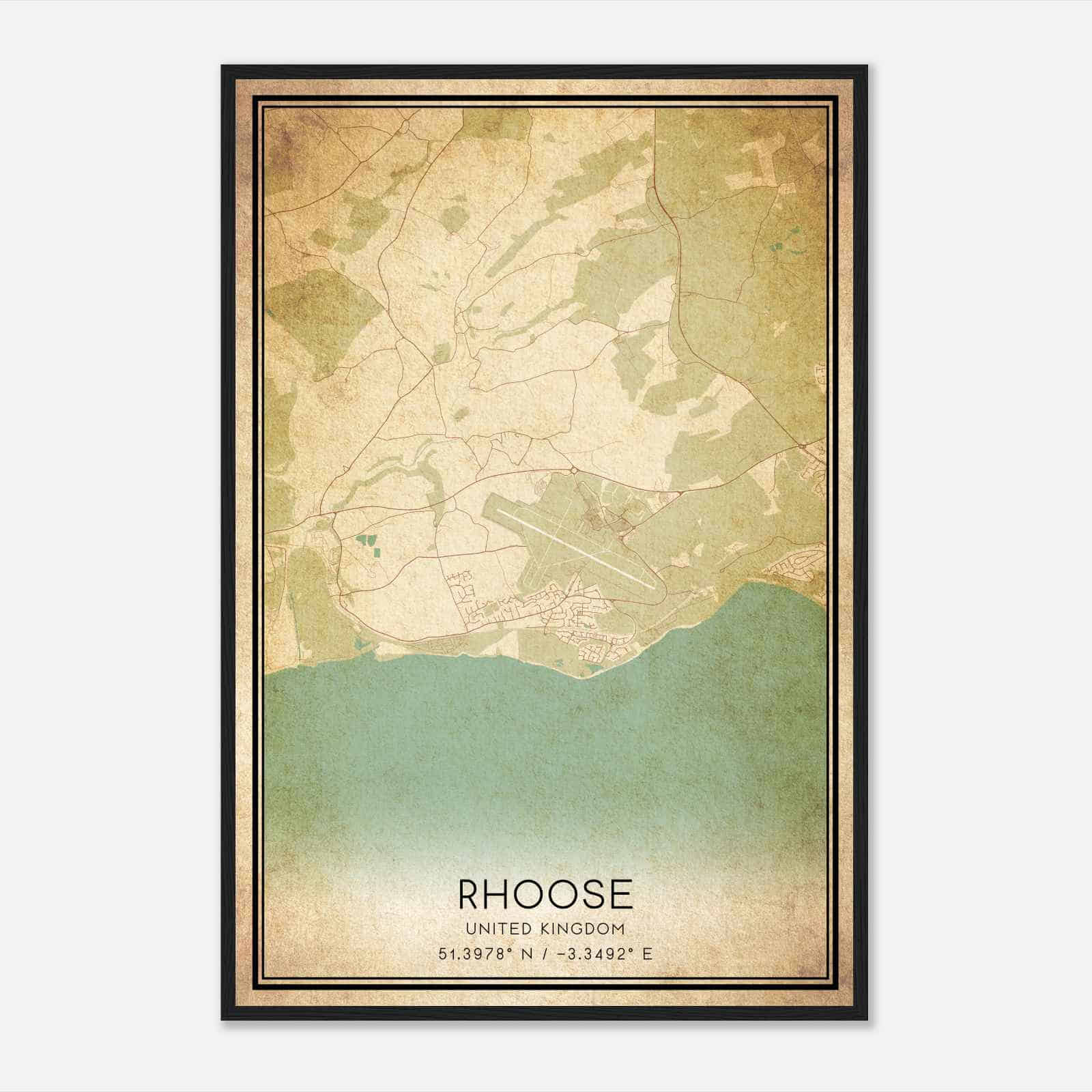 Vintage Rhoose United Kingdom Map Poster, Rhoose City Road Wall Art Print