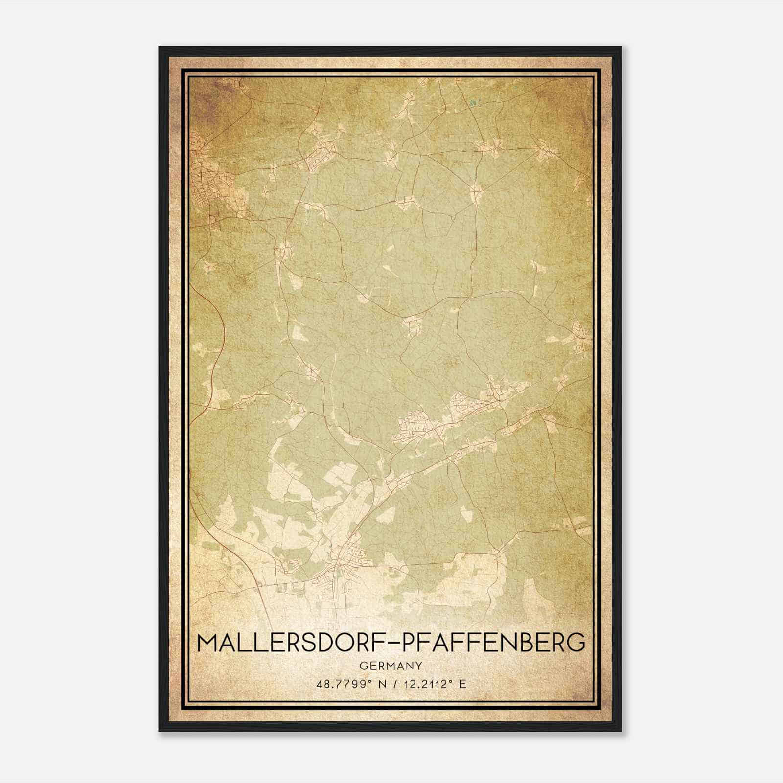 Vintage Mallersdorf-Pfaffenberg Germany Map Poster, Mallersdorf-Pfaffenberg City Road Wall Art Print
