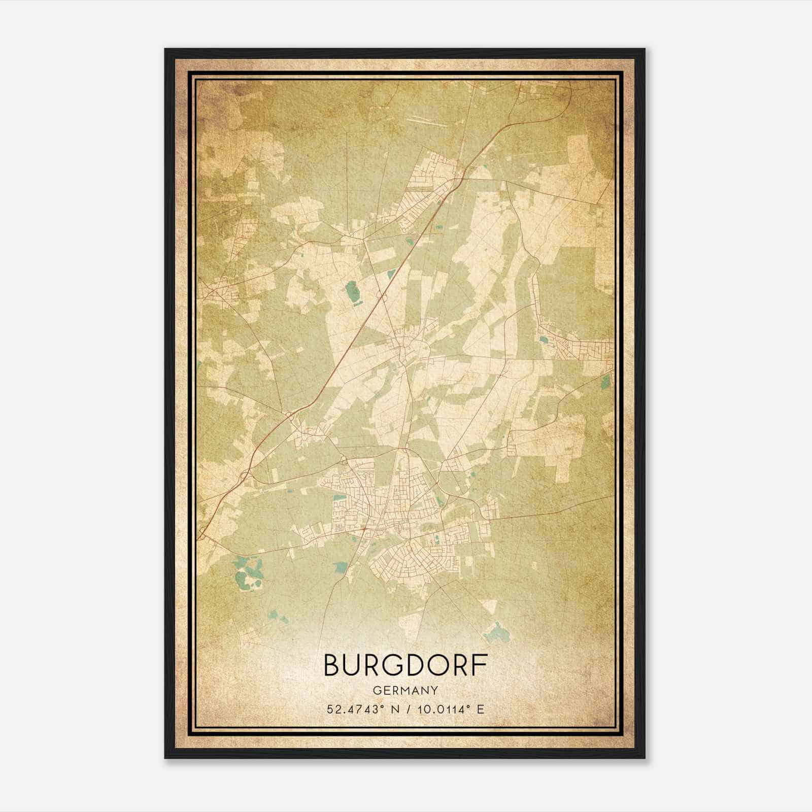 Vintage Burgdorf Germany Map Poster, Burgdorf City Road Wall Art Print