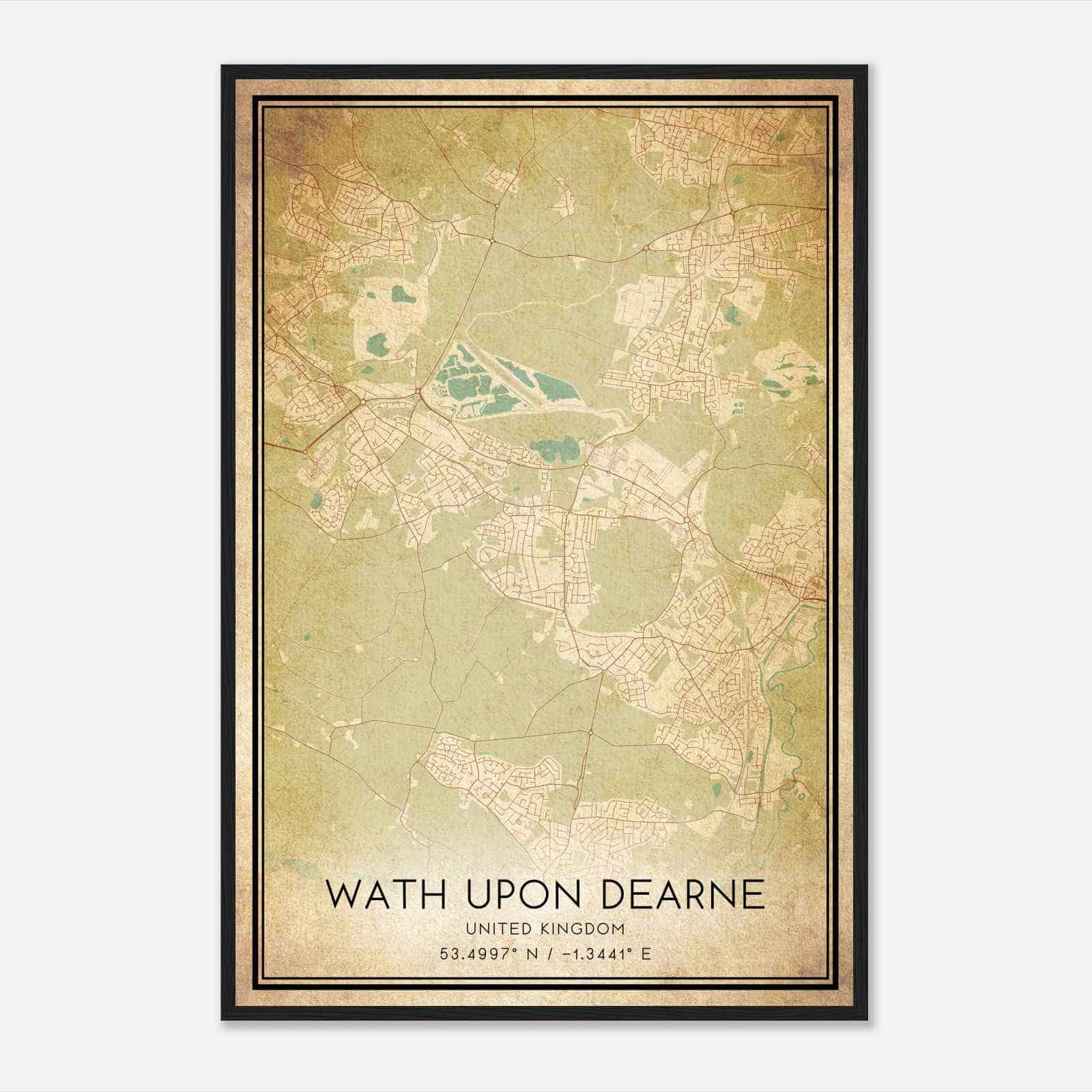Vintage Wath upon Dearne United Kingdom Map Poster, Wath upon Dearne City Road Wall Art Print