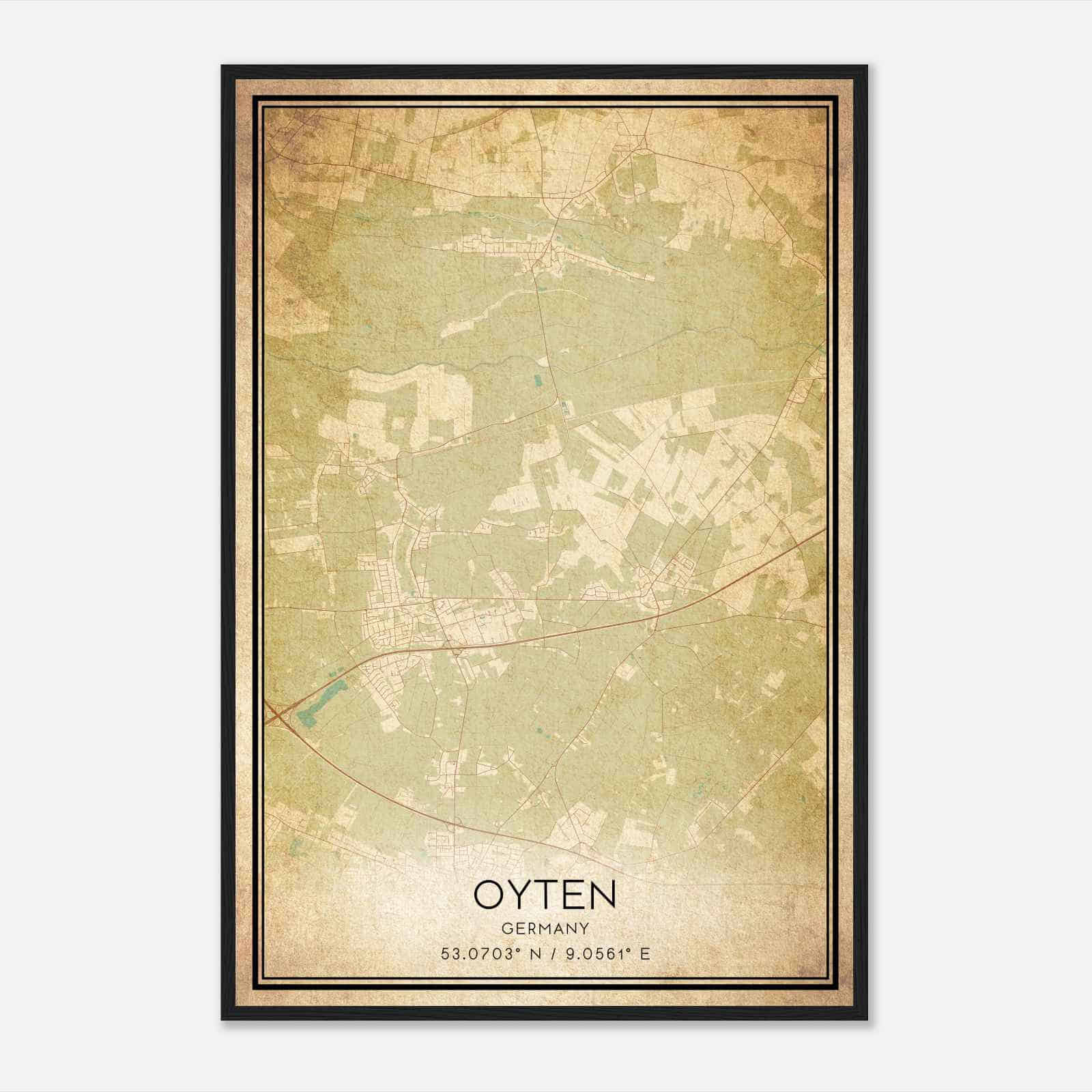 Vintage Oyten Germany Map Poster, Oyten City Road Wall Art Print