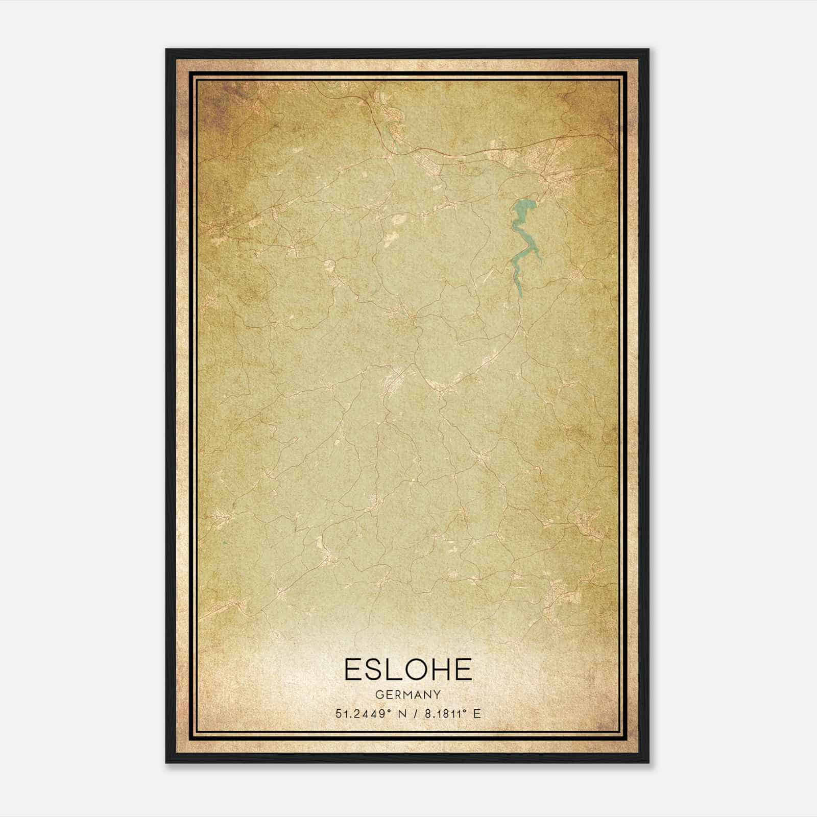 Vintage Eslohe Germany Map Poster, Eslohe City Road Wall Art Print