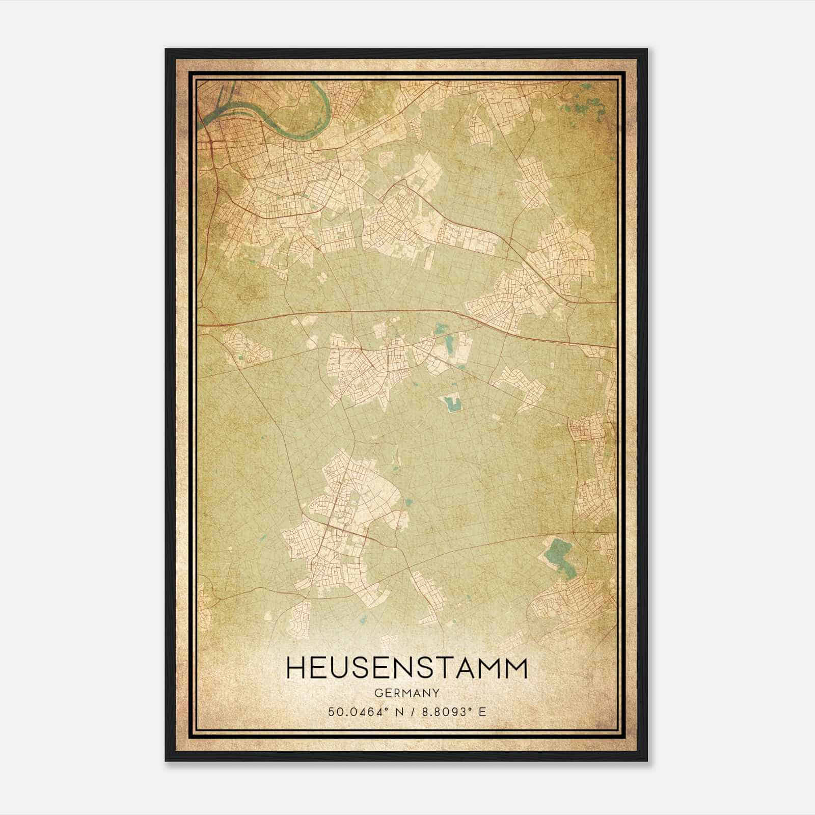 Vintage Heusenstamm Germany Map Poster, Heusenstamm City Road Wall Art Print