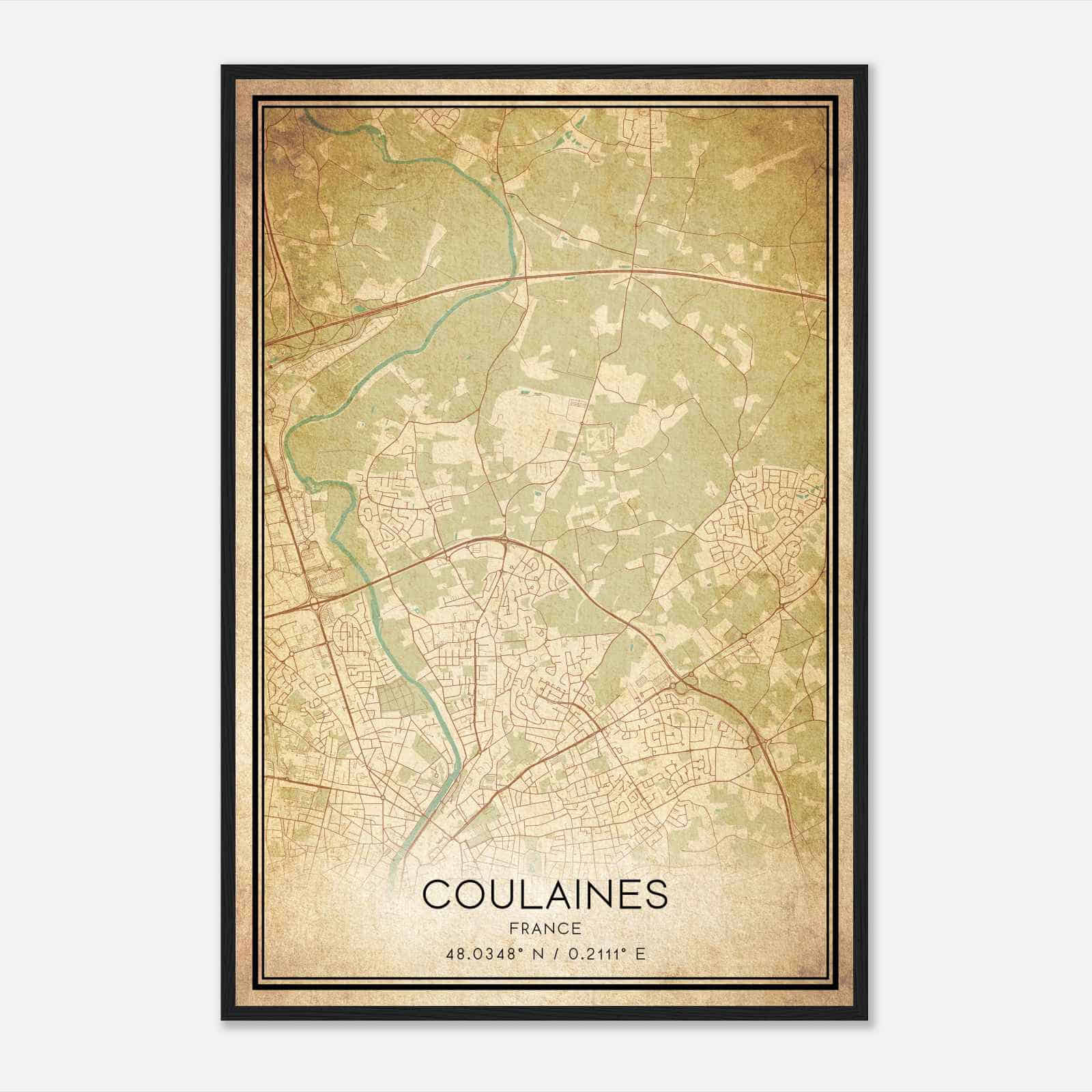 Vintage Coulaines France Map Poster, Coulaines City Road Wall Art Print