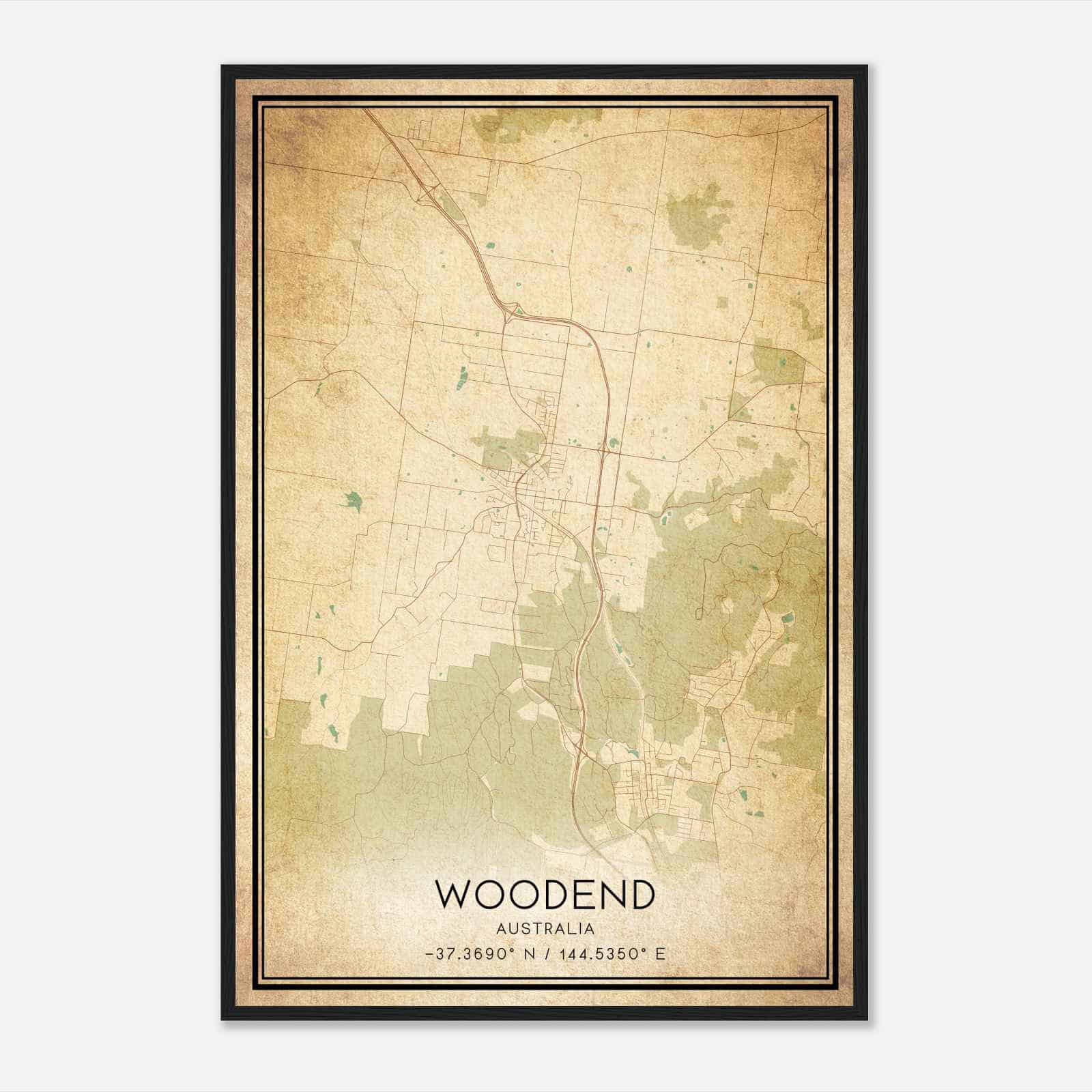 Vintage Woodend Australia Map Poster, Woodend City Road Wall Art Print