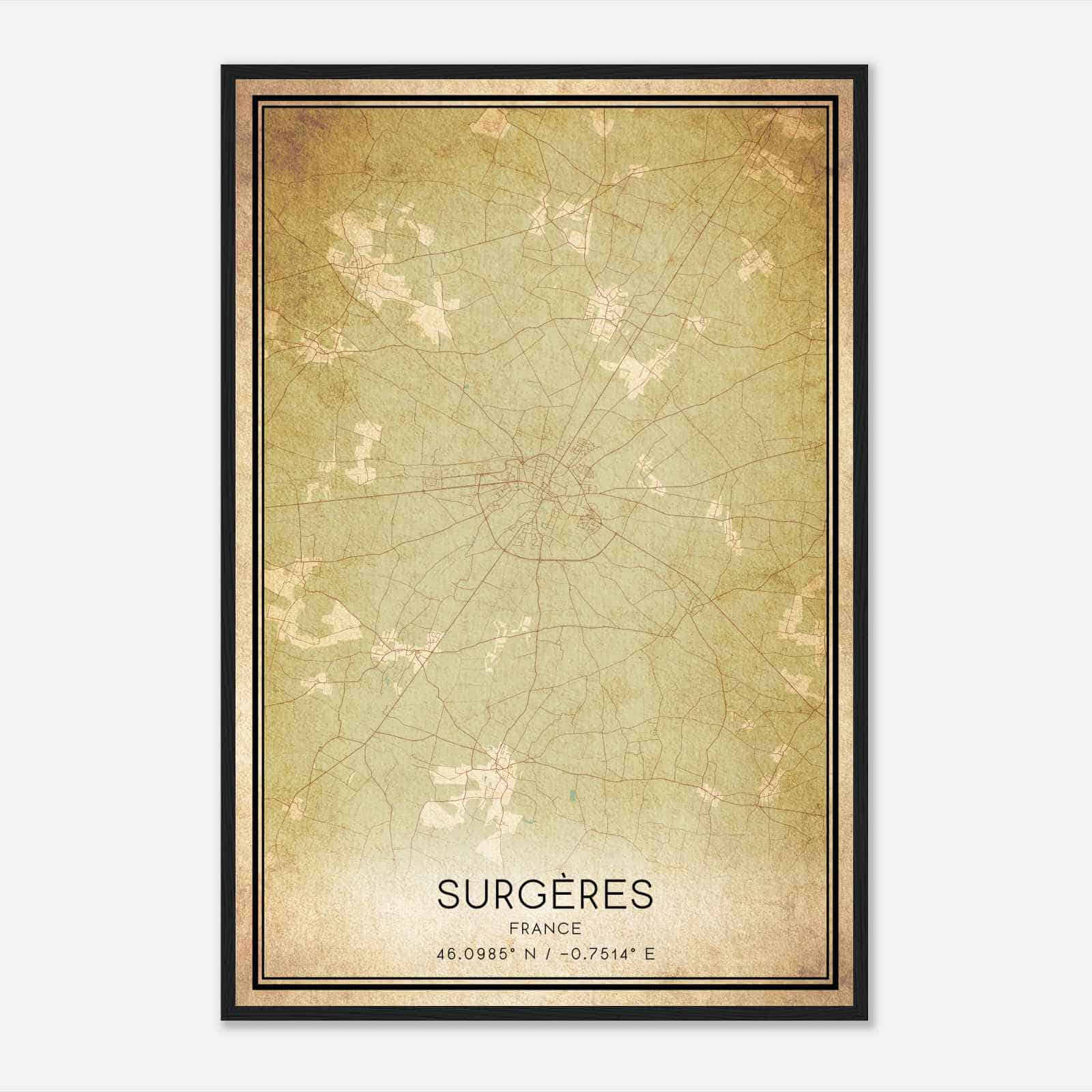 Vintage Surgeres France Map Poster, Surgeres City Road Wall Art Print