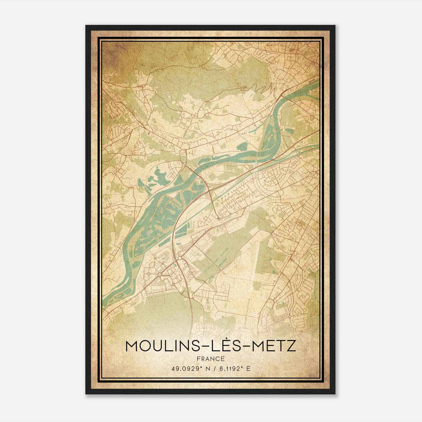 Vintage Moulins-les-Metz France Map Poster, Moulins-les-Metz City Road Wall Art Print