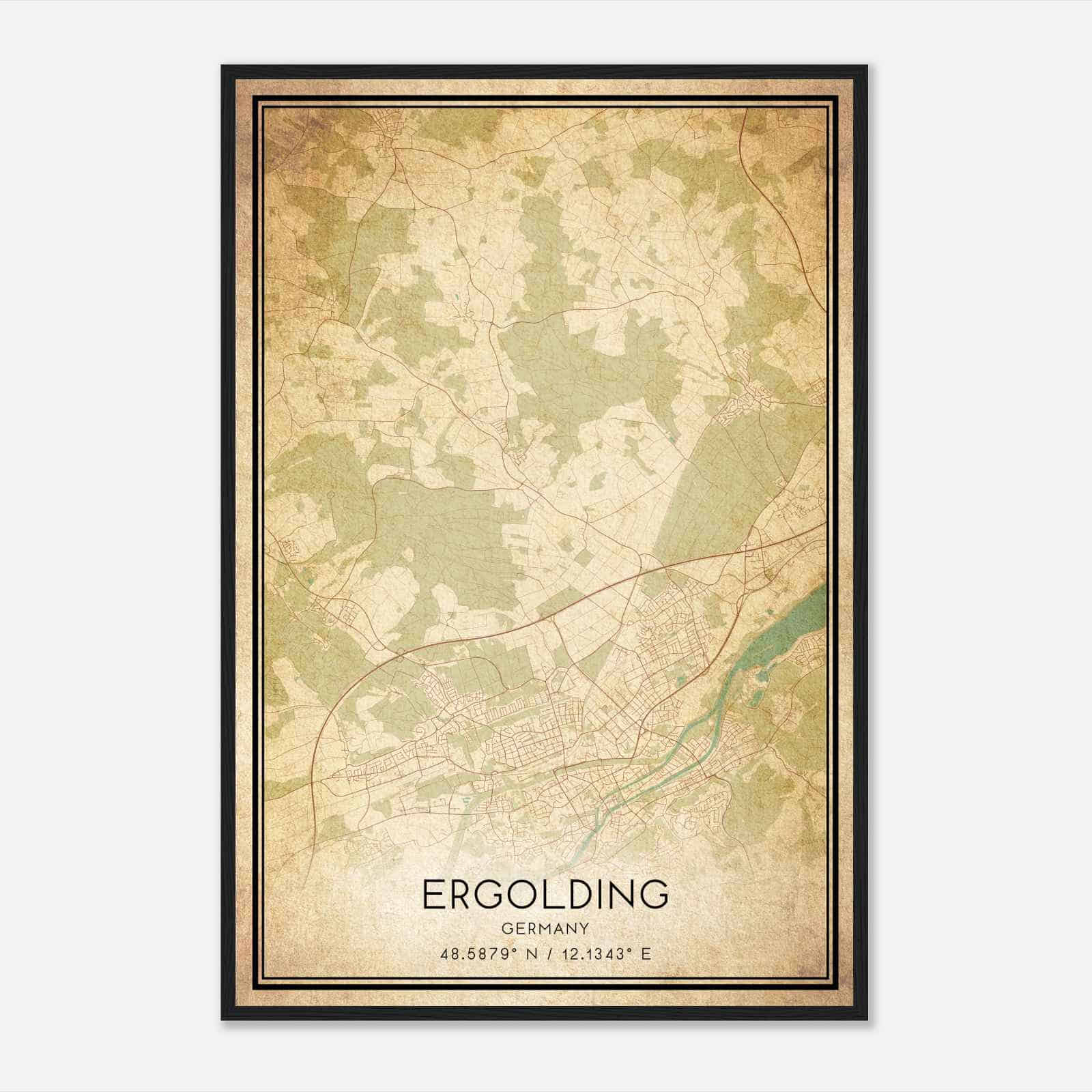 Vintage Ergolding Germany Map Poster, Ergolding City Road Wall Art Print