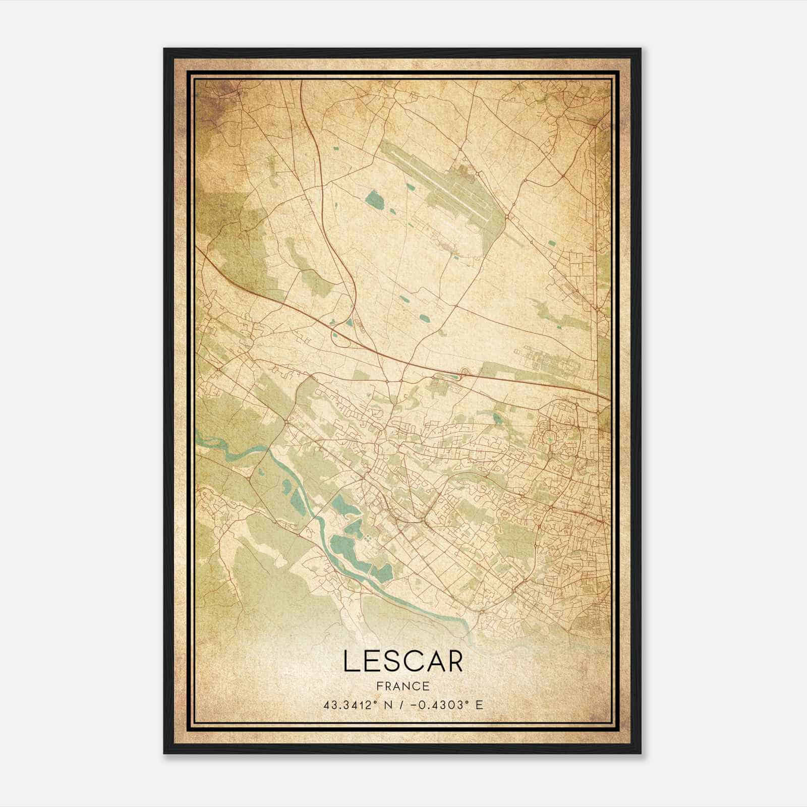 Vintage Lescar France Map Poster, Lescar City Road Wall Art Print