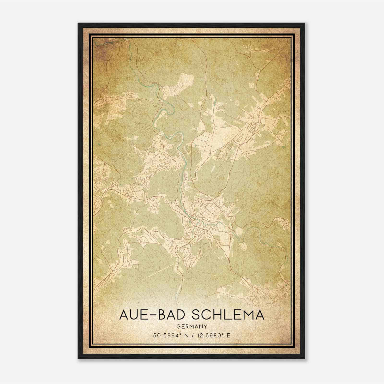 Vintage Aue Germany Map Poster, Aue City Road Wall Art Print