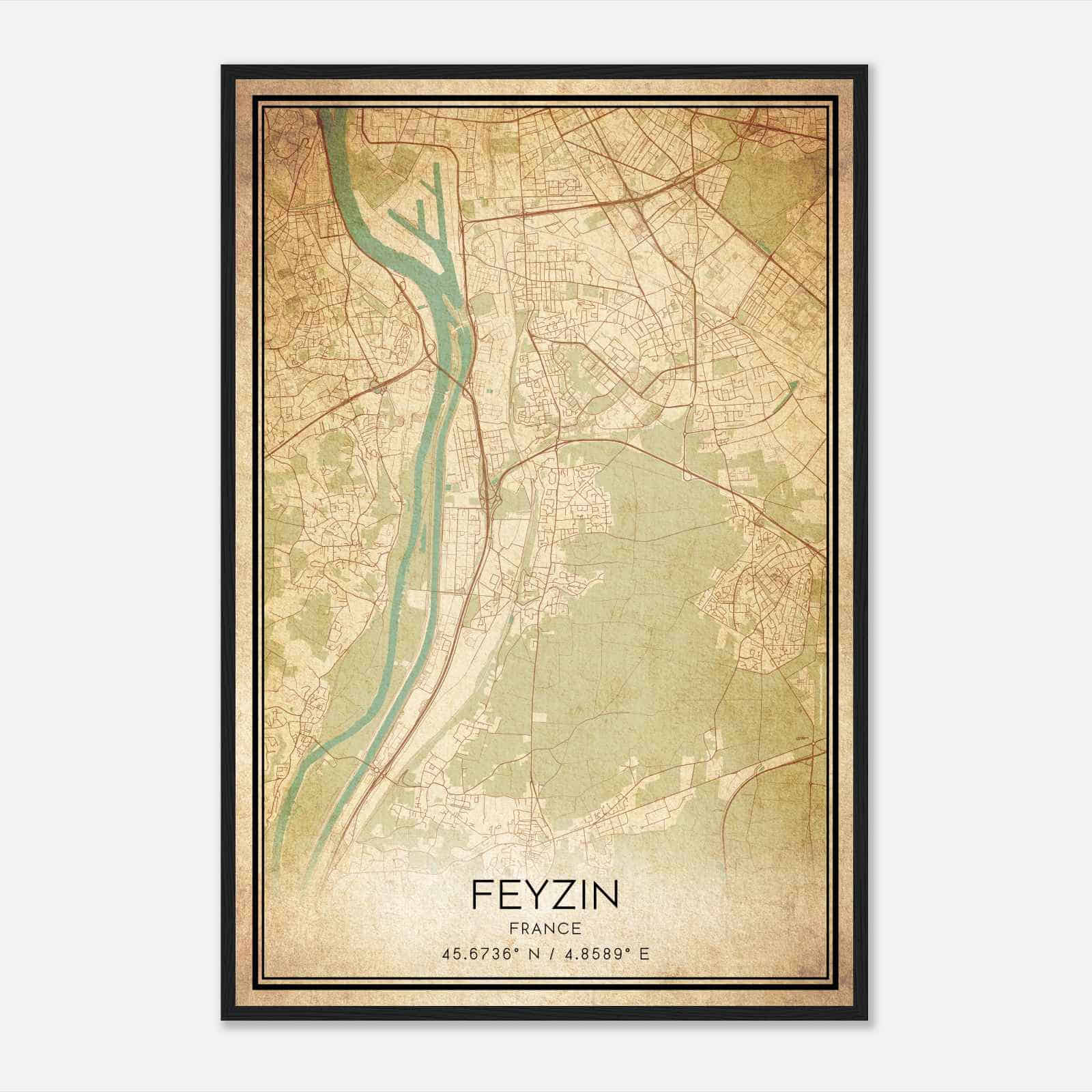 Vintage Feyzin France Map Poster, Feyzin City Road Wall Art Print