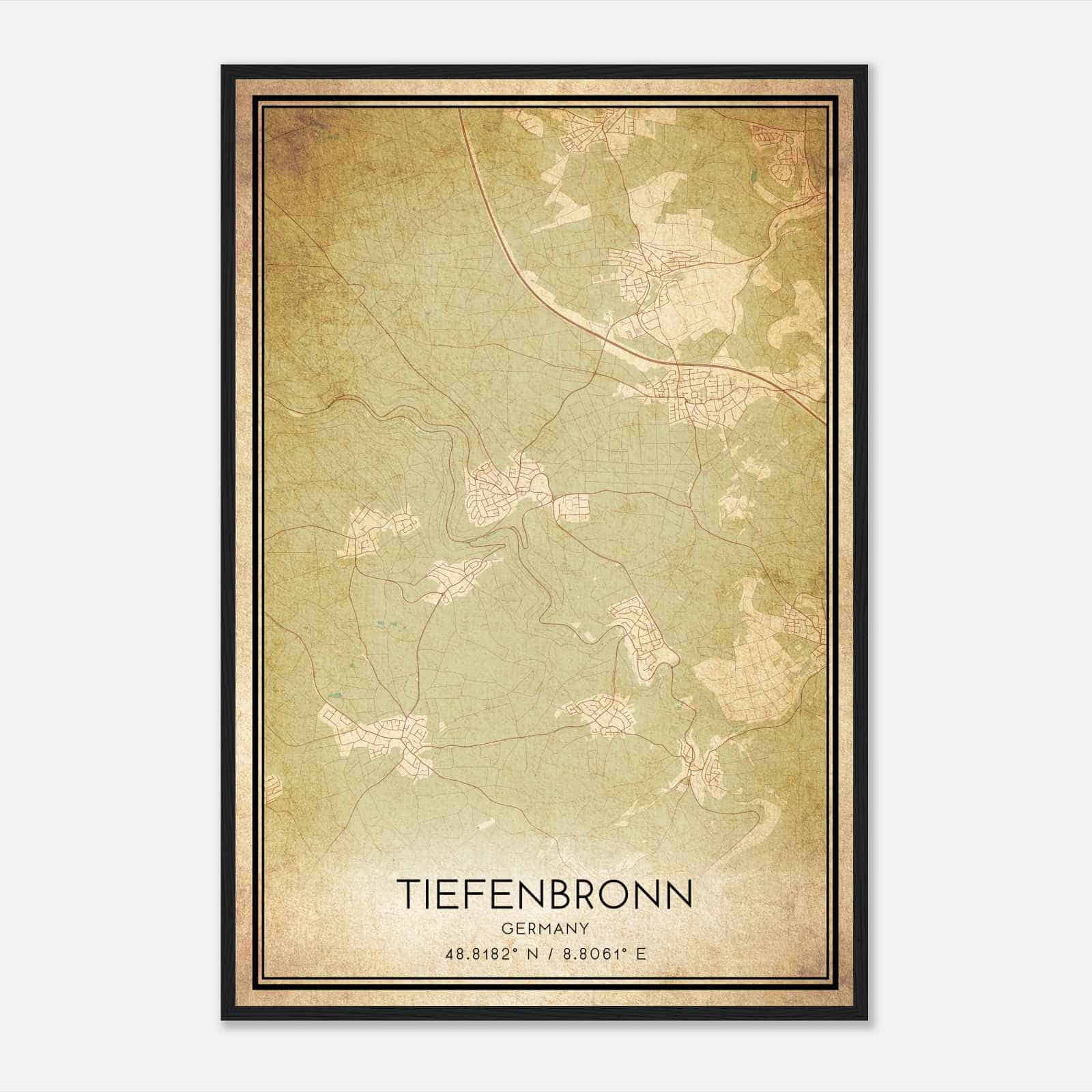 Vintage Tiefenbronn Germany Map Poster, Tiefenbronn City Road Wall Art Print