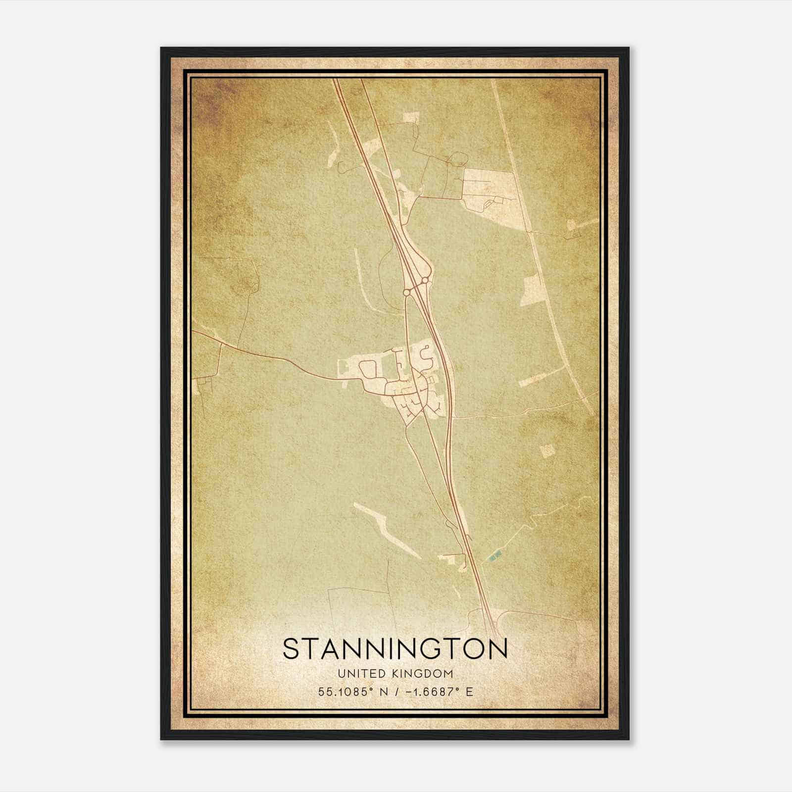 Vintage Stannington United Kingdom Map Poster, Stannington City Road Wall Art Print