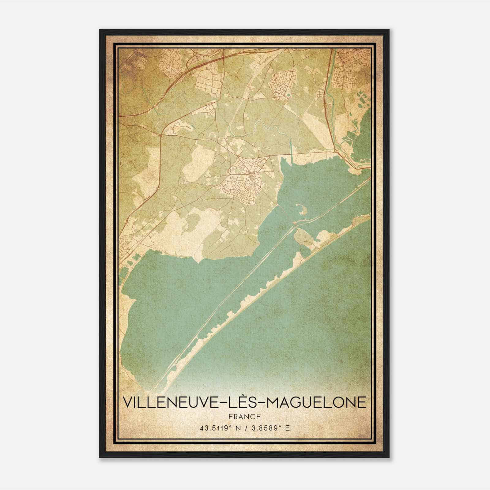 Vintage Villeneuve-les-Maguelone France Map Poster, Villeneuve-les-Maguelone City Road Wall Art Print