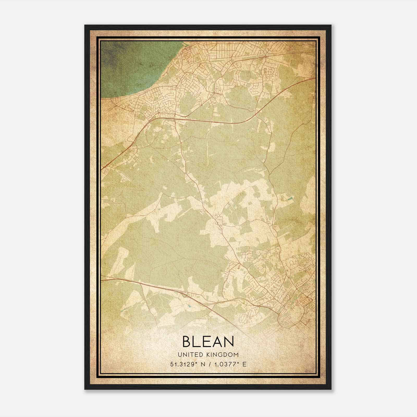 Vintage Blean United Kingdom Map Poster, Blean City Road Wall Art Print Vintage Blean United Kingdom Map Poster, Blean City Road Wall Art Print