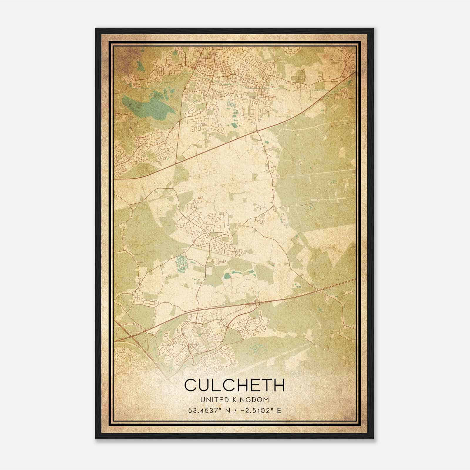 Vintage Culcheth United Kingdom Map Poster, Culcheth City Road Wall Art Print