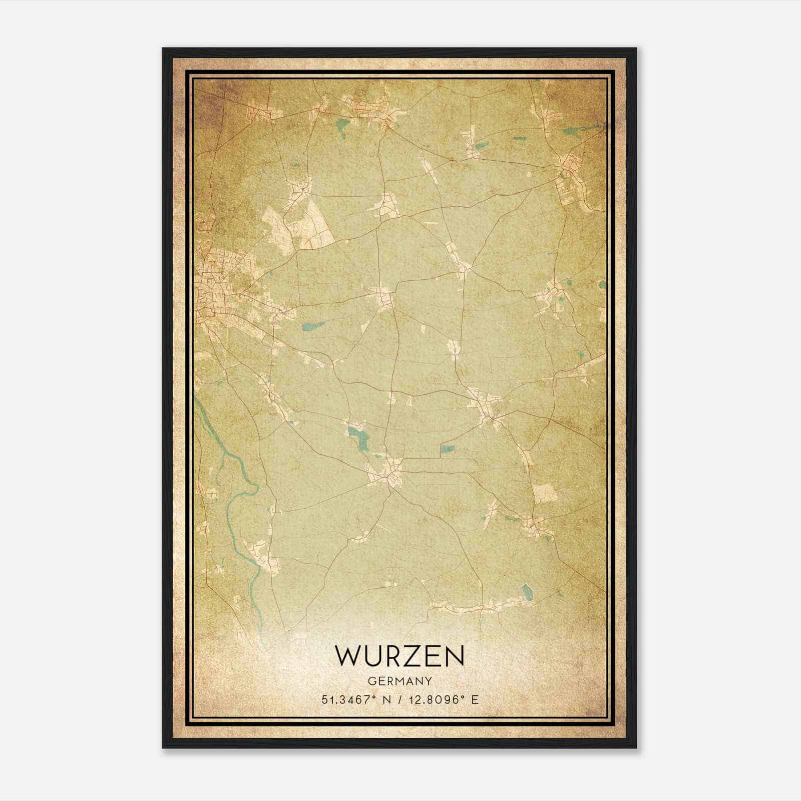 Vintage Wurzen Germany Map Poster, Wurzen City Road Wall Art Print