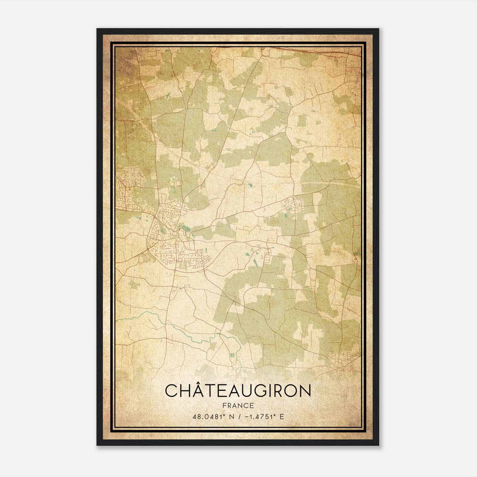 Vintage Chateaugiron France Map Poster, Chateaugiron City Road Wall Art Print