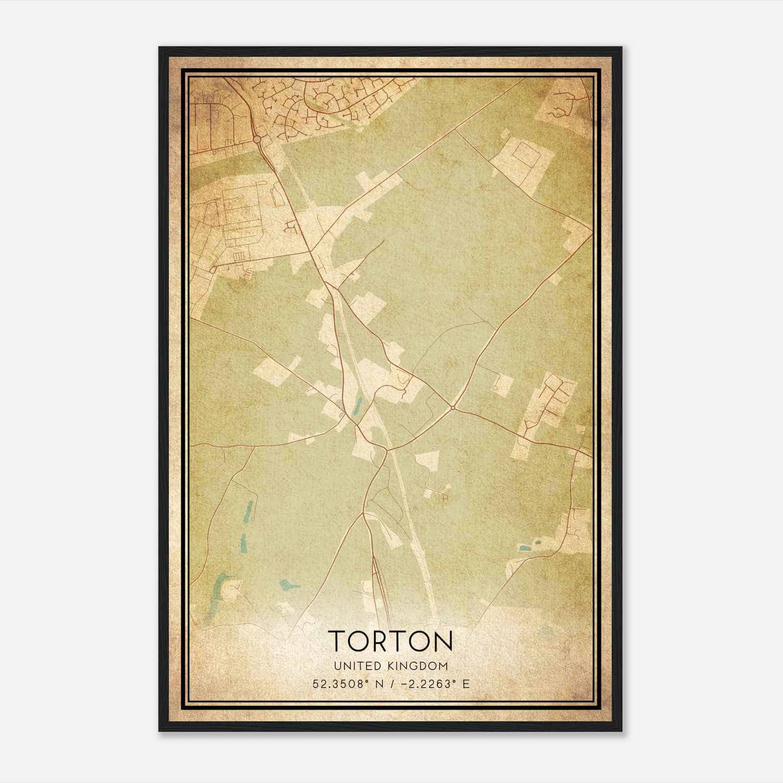 Vintage Torton United Kingdom Map Poster, Torton City Road Wall Art Print