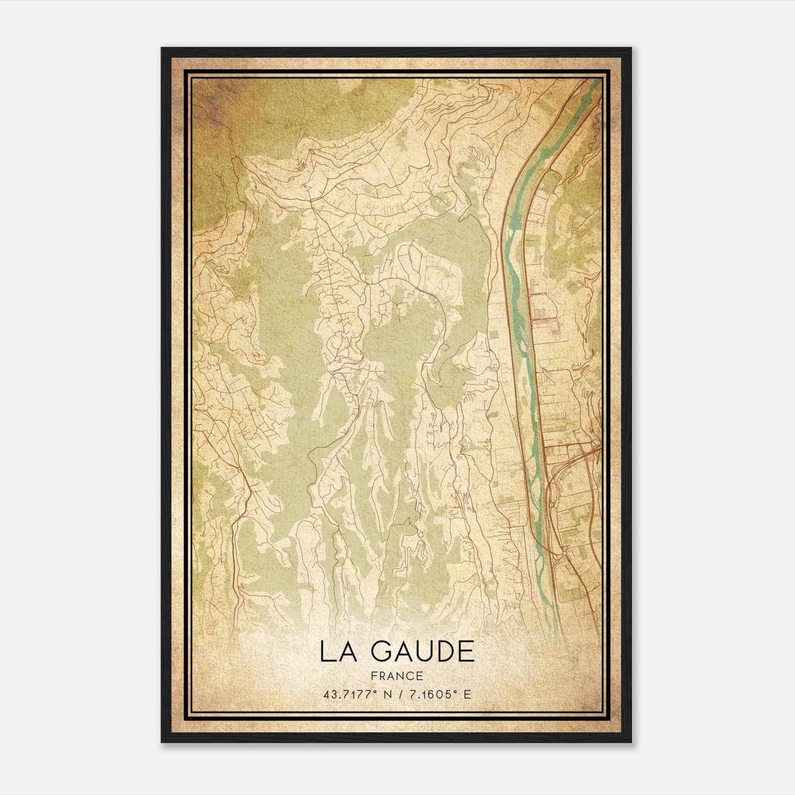 Vintage La Gaude France Map Poster, La Gaude City Road Wall Art Print