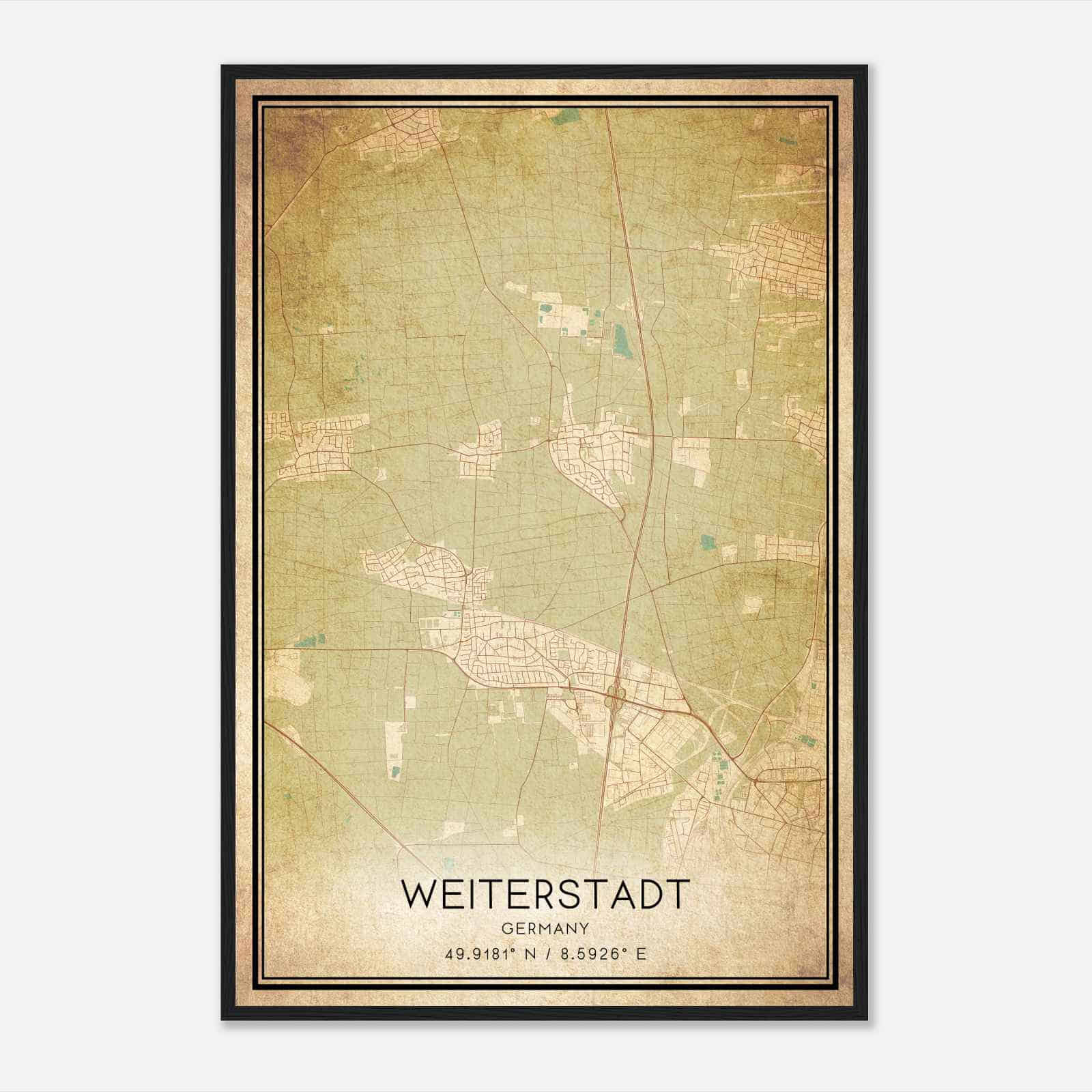 Vintage Weiterstadt Germany Map Poster, Weiterstadt City Road Wall Art Print