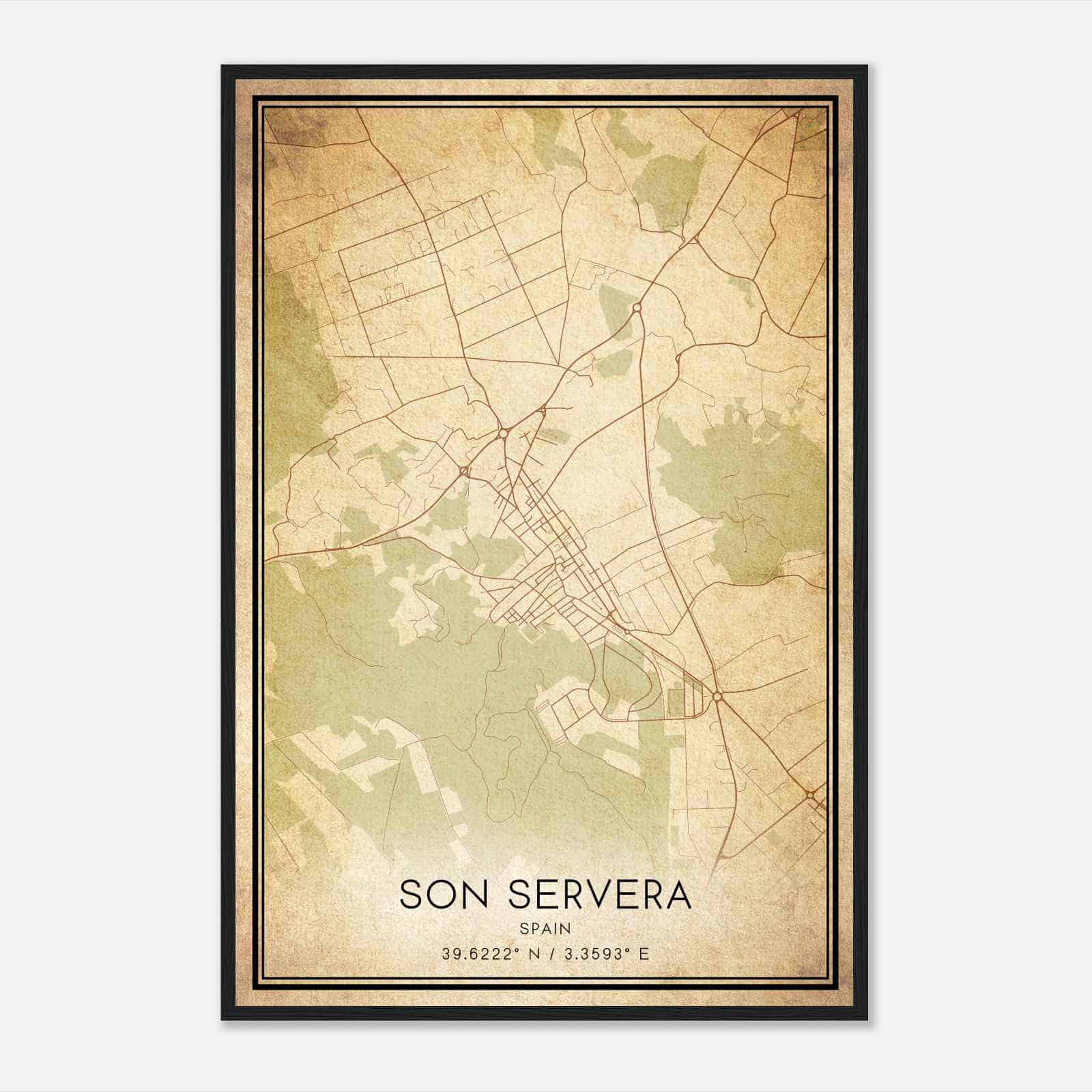 Vintage Son Servera Spain Map Poster, Son Servera City Road Wall Art Print