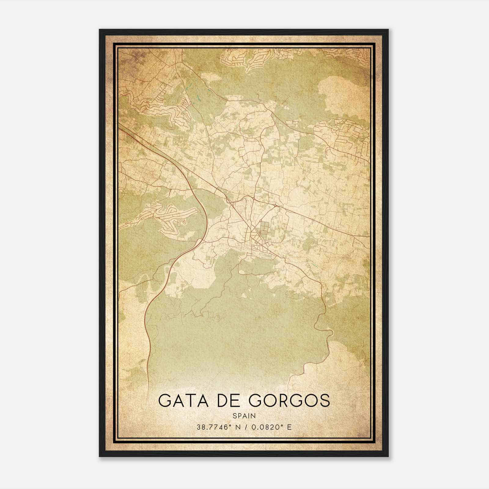 Vintage Gata de Gorgos Spain Map Poster, Gata de Gorgos City Road Wall Art Print