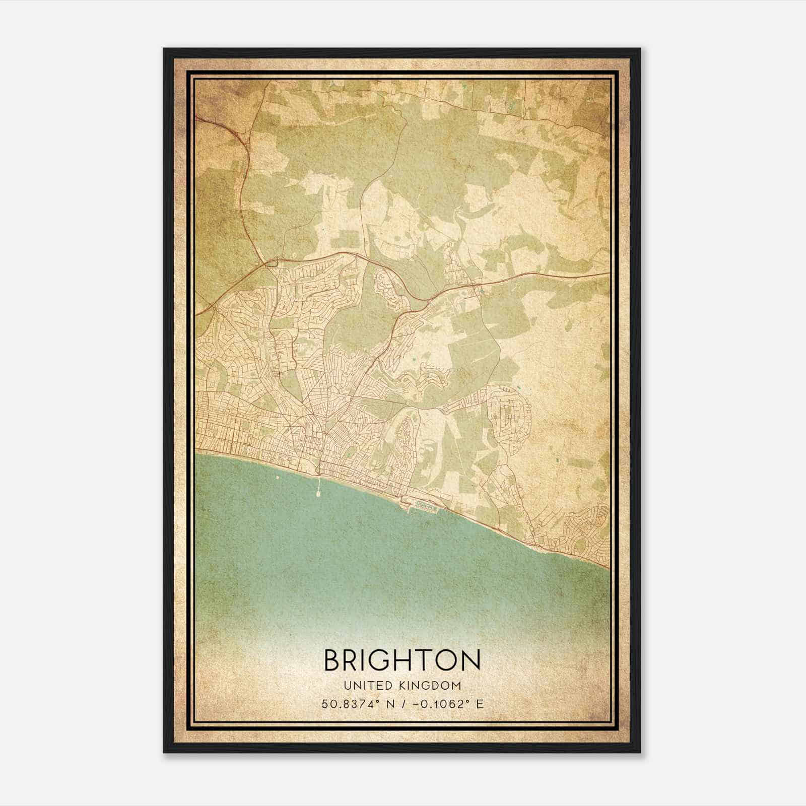Vintage Brighton United Kingdom Map Poster, Brighton City Road Wall Art Print